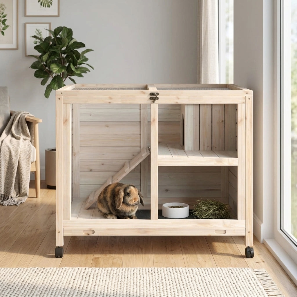 Rabbit Hutch with Wheels, Desk and Side Table Sized, Wooden Rabbit Cage, Waterproof Small Bunny Cage with Removable Tray, Openable Roof, for Rabbits, Chickens, Ducks, Indoor/Outdoor, Natural