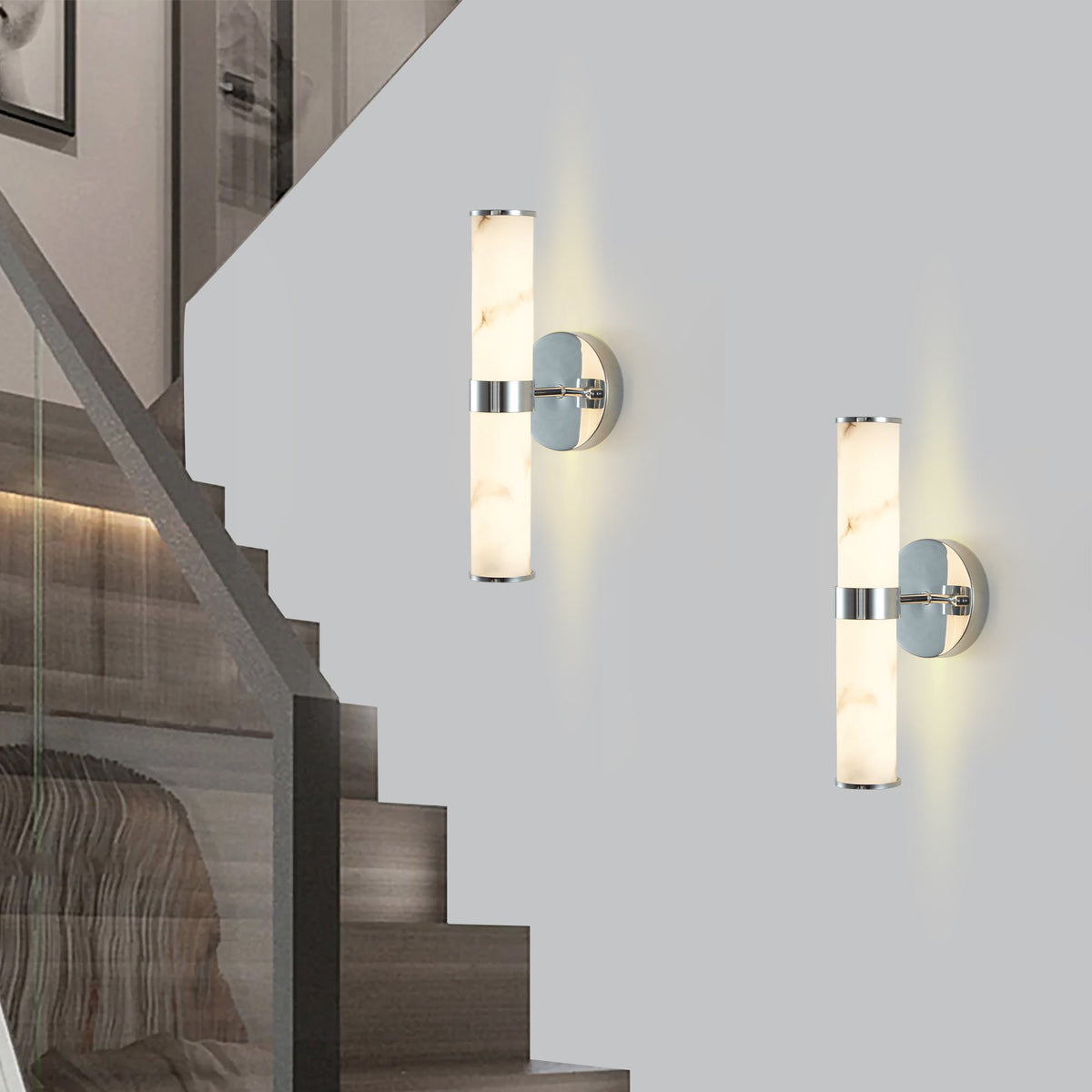 Set of 2 Resin Imitation Marble Wall Sconce, Modern Vertical Light Fixture for Bathrooms, Hallways, Bedrooms, 5" L x 5.5" W x 14" H, Silver