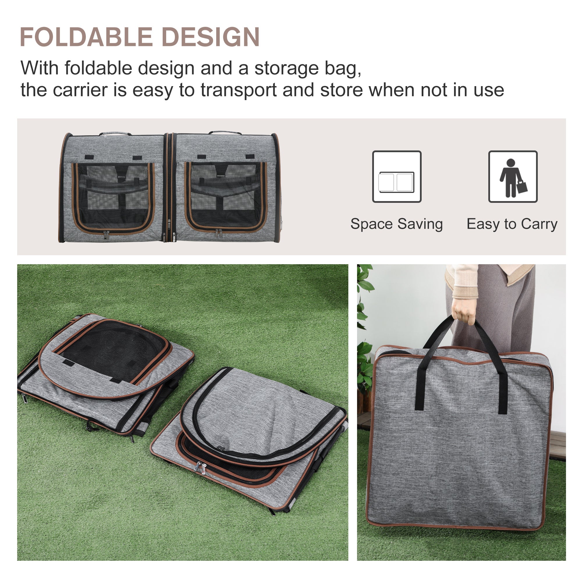 39" Portable Soft-Sided Pet Cat Carrier with Divider, Two Compartments, Soft Cushions, & Storage Bag, Gray