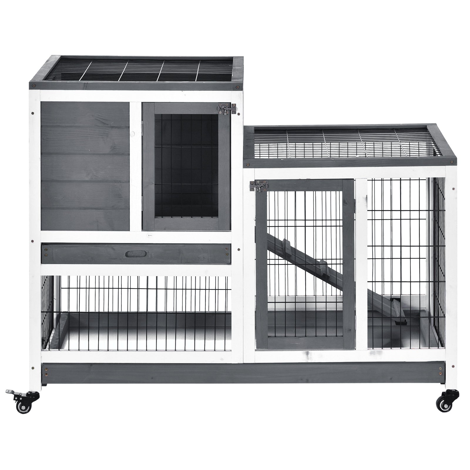Wooden Rabbit Hutch Elevated Bunny Cage Indoor Small Animal Habitat with Enclosed Run with Wheels, Ramp, Removable Tray for Rabbits, Chickens, Ducks, Guinea Pigs, Gray