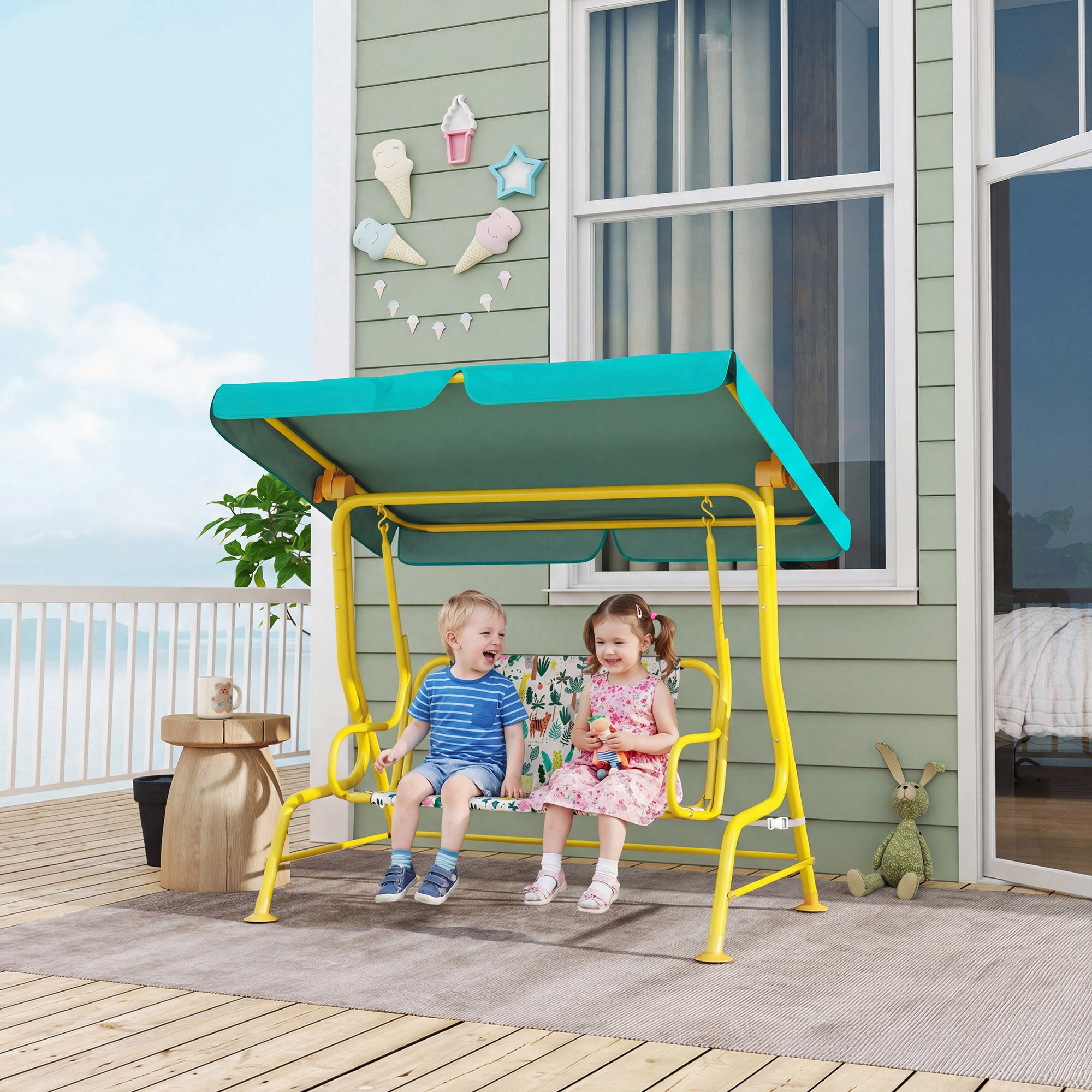 Kids Porch Swing, 2-Seater Patio Swing Bench with Safety Belts, Adjustable Canopy for Backyard, Garden, Green