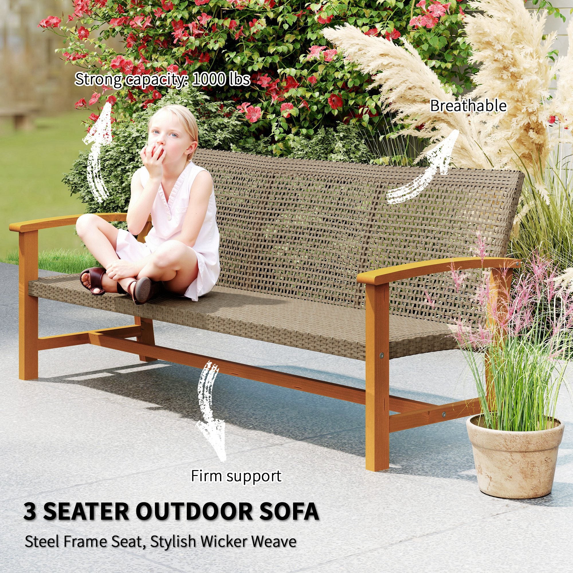 3-Seat Wicker Outdoor Couch Patio Sofa, Acacia Wood Patio Furniture with Steel Seat Armrests, 1000 LBS Capacity, Teak