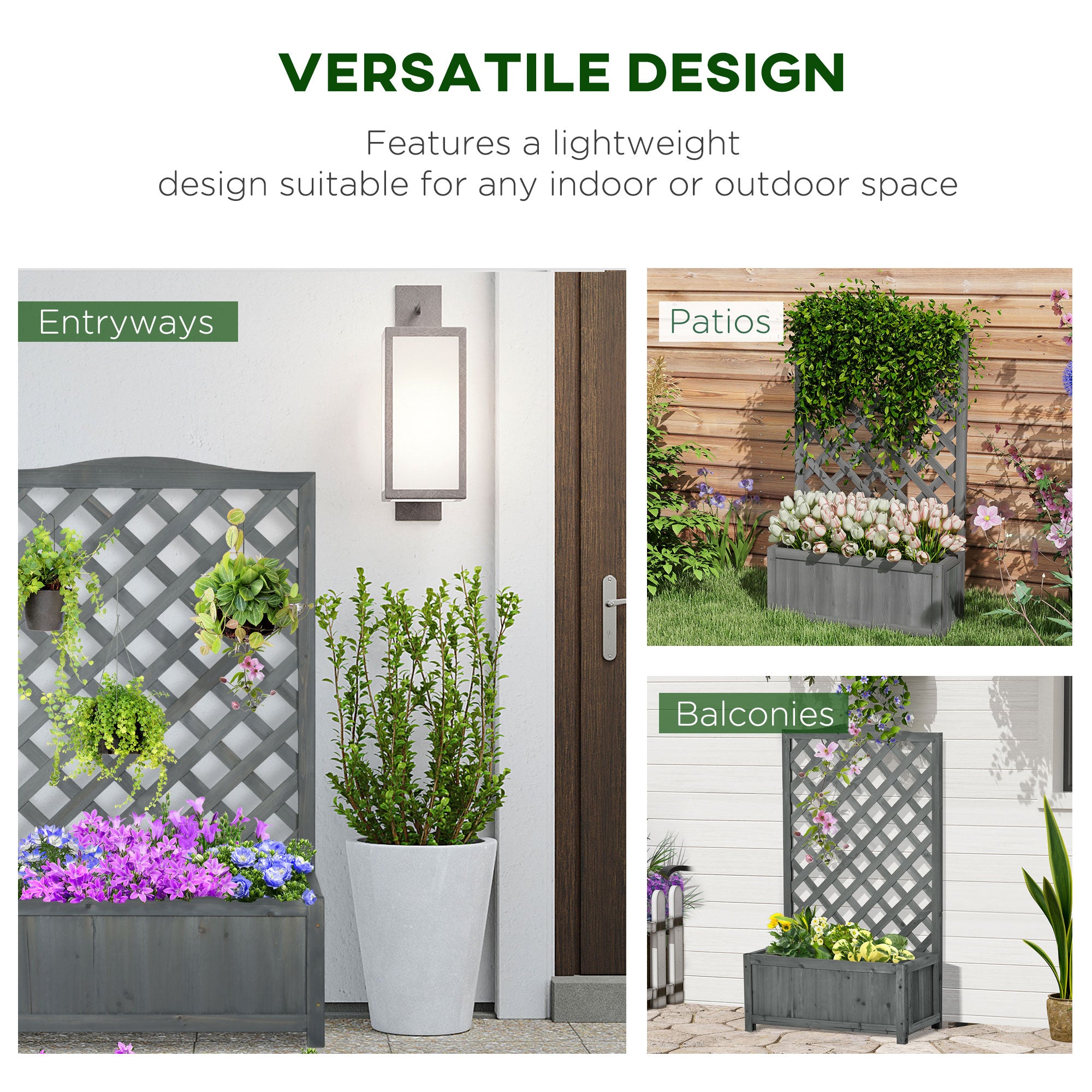 46" Wooden Planter with Trellis, Raised Garden Bed to Grow Vegetables, Herbs, Flowers for Backyard, Patio, Gray