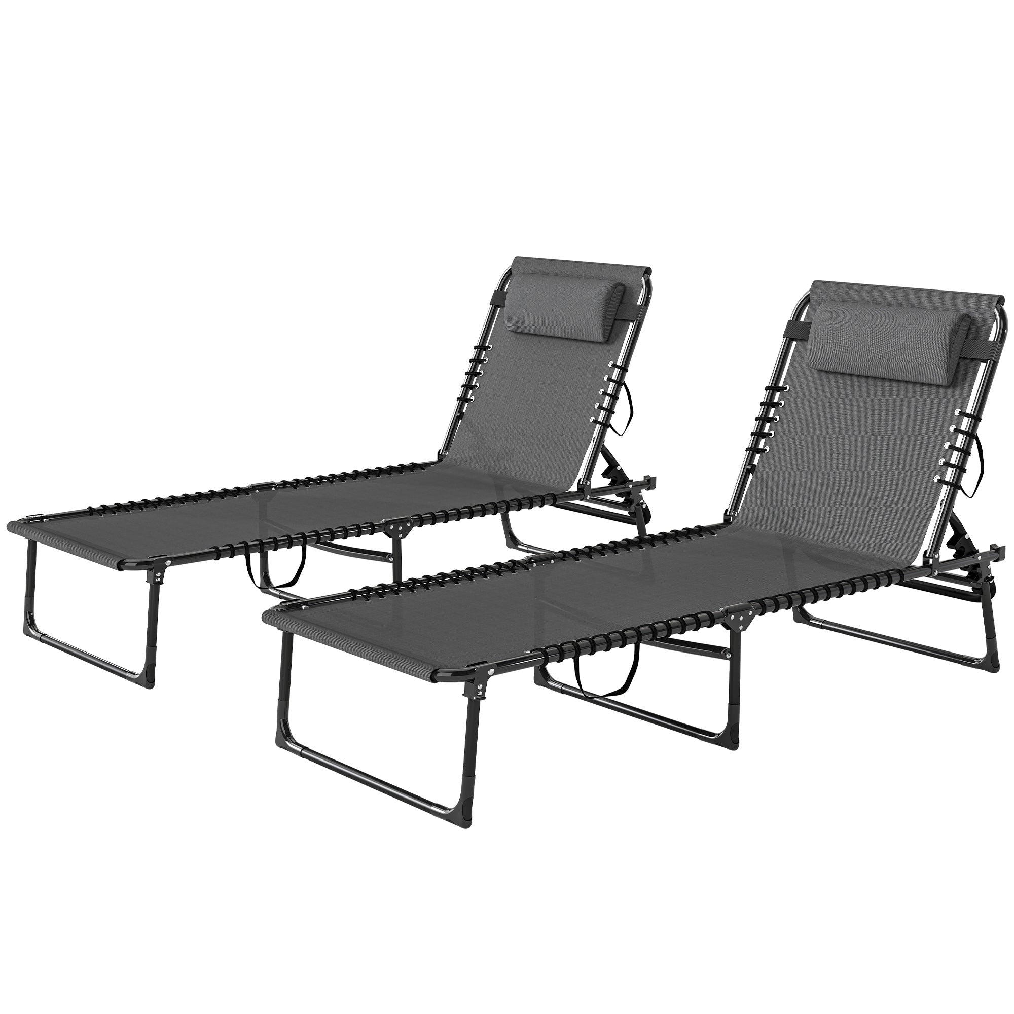 2 Folding Chaise Lounge Pool Chairs with 4-Position Reclining Back, Pillow, Breathable Mesh & Bungee Seat, Gray