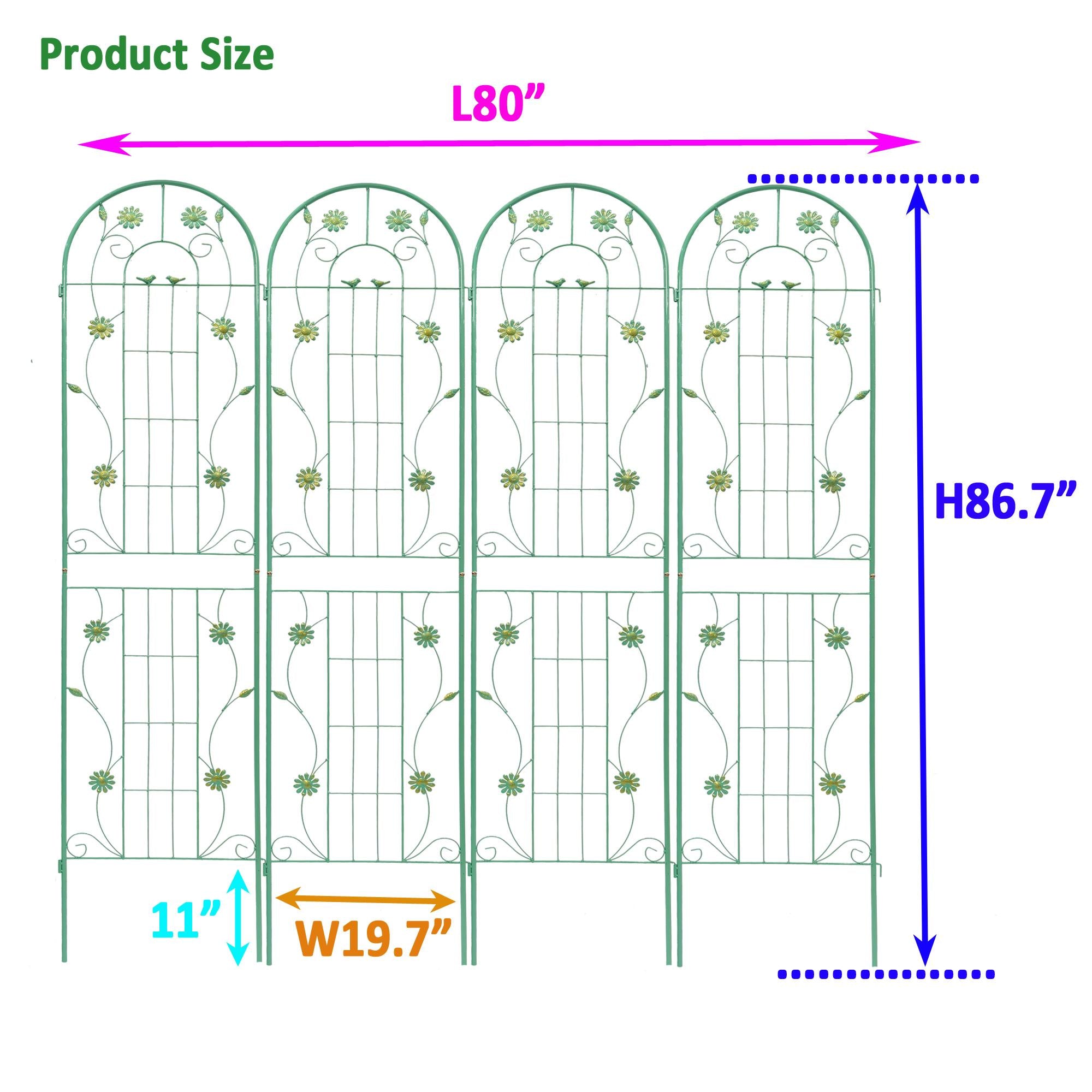 4 Pack Metal Garden Trellis with Bird and Flower Decorations, Rustproof Climbing Plant Support, 87" Tall for Outdoor Flowers, Green