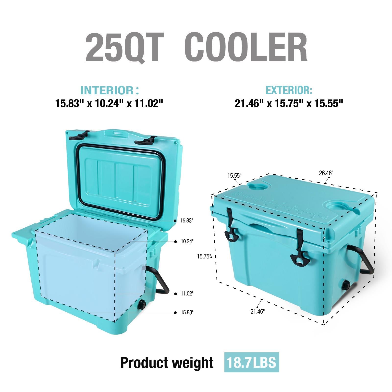 25QT Portable Insulated Hard Cooler with 5-7 Day Ice Retention, Camping Cooler Box for Outdoor Use, 21.5″ L x 15.5″ W x 15.5″ H, Turquoise