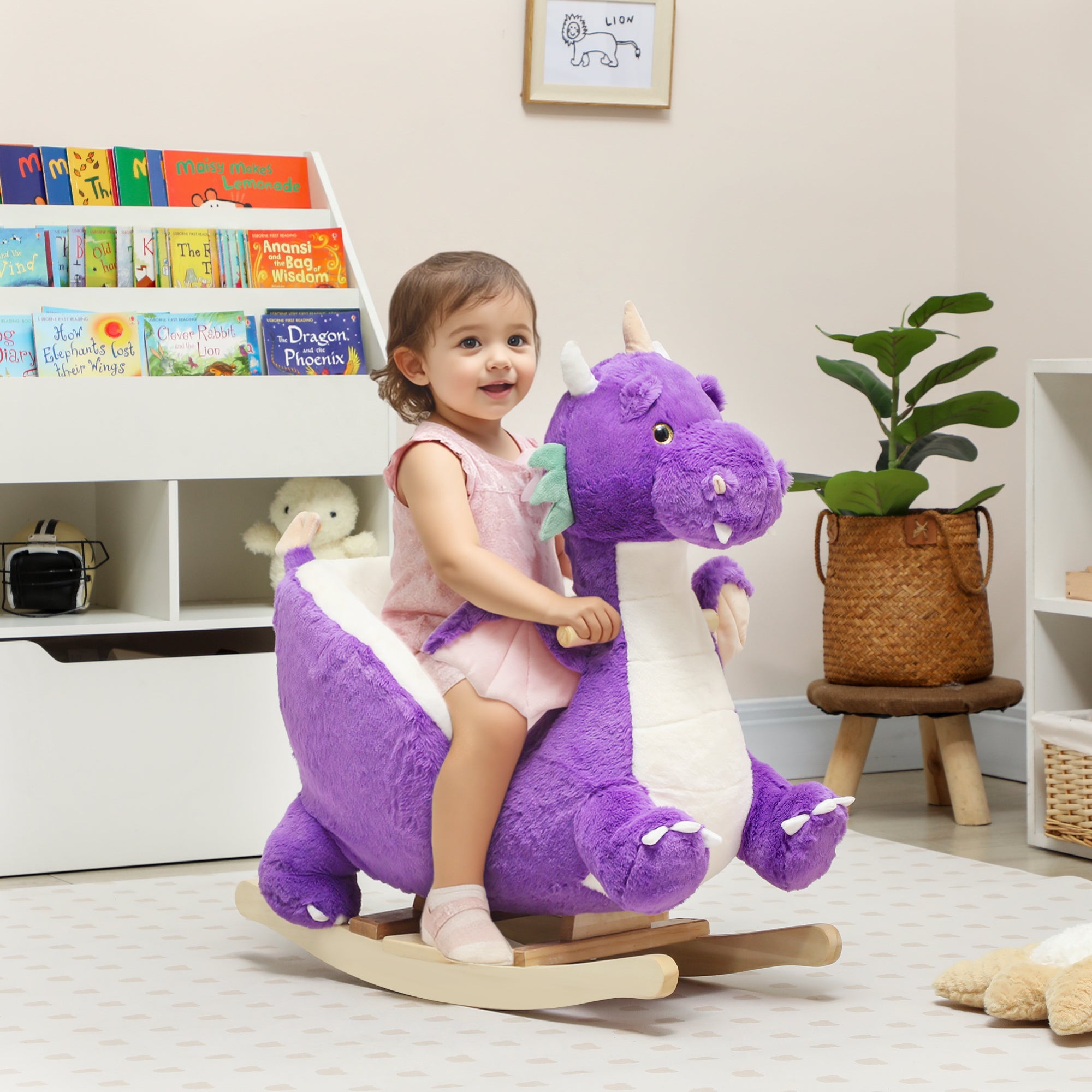 Baby Rocking Horse, Kids Ride On Dragon Toy with Realistic Dragon Roar and Safety Belt for Kids 18–36 Months, Purple