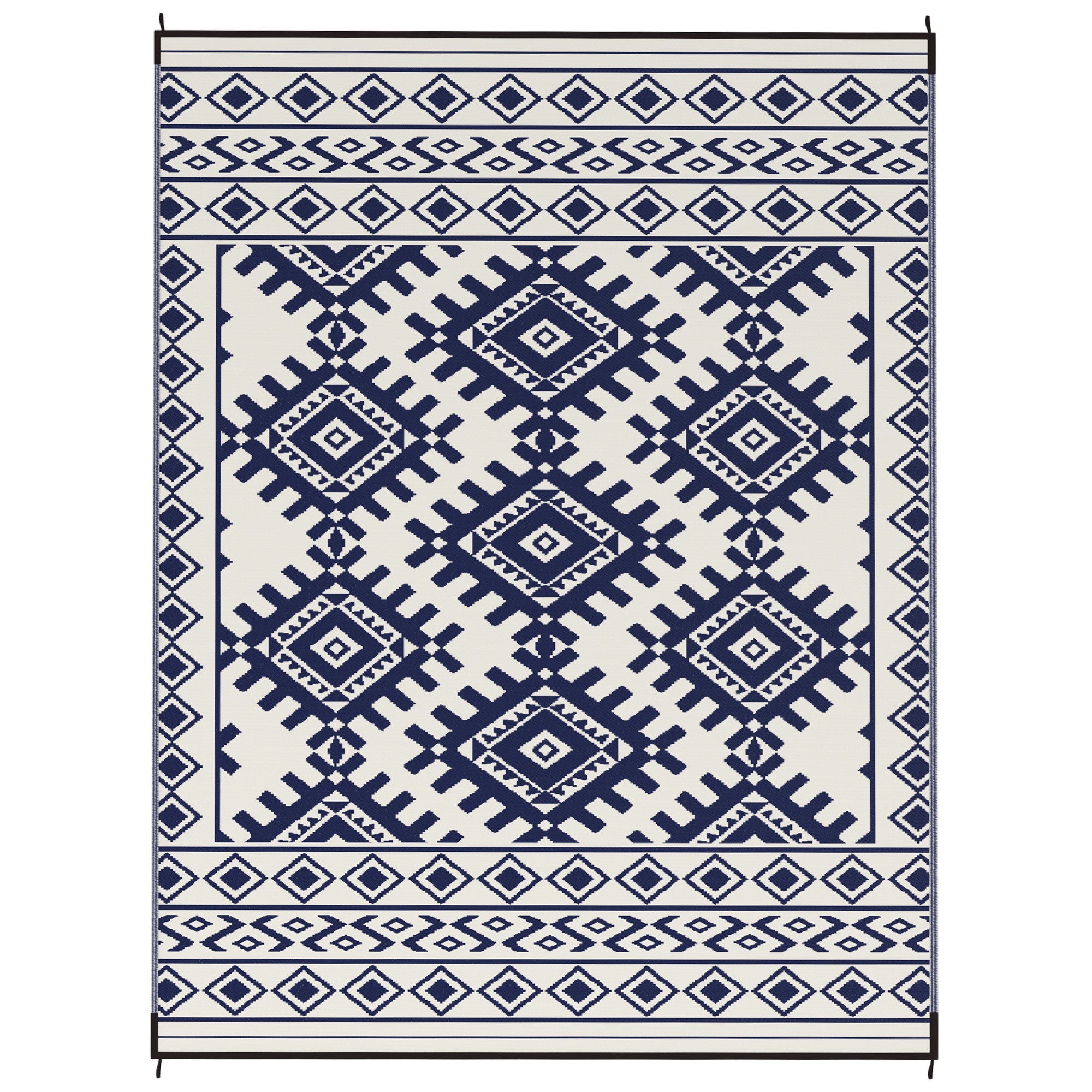 Reversible Outdoor Rug, Waterproof Plastic Straw with Carry Bag, 9' x 12', Blue & White Rhombus Border
