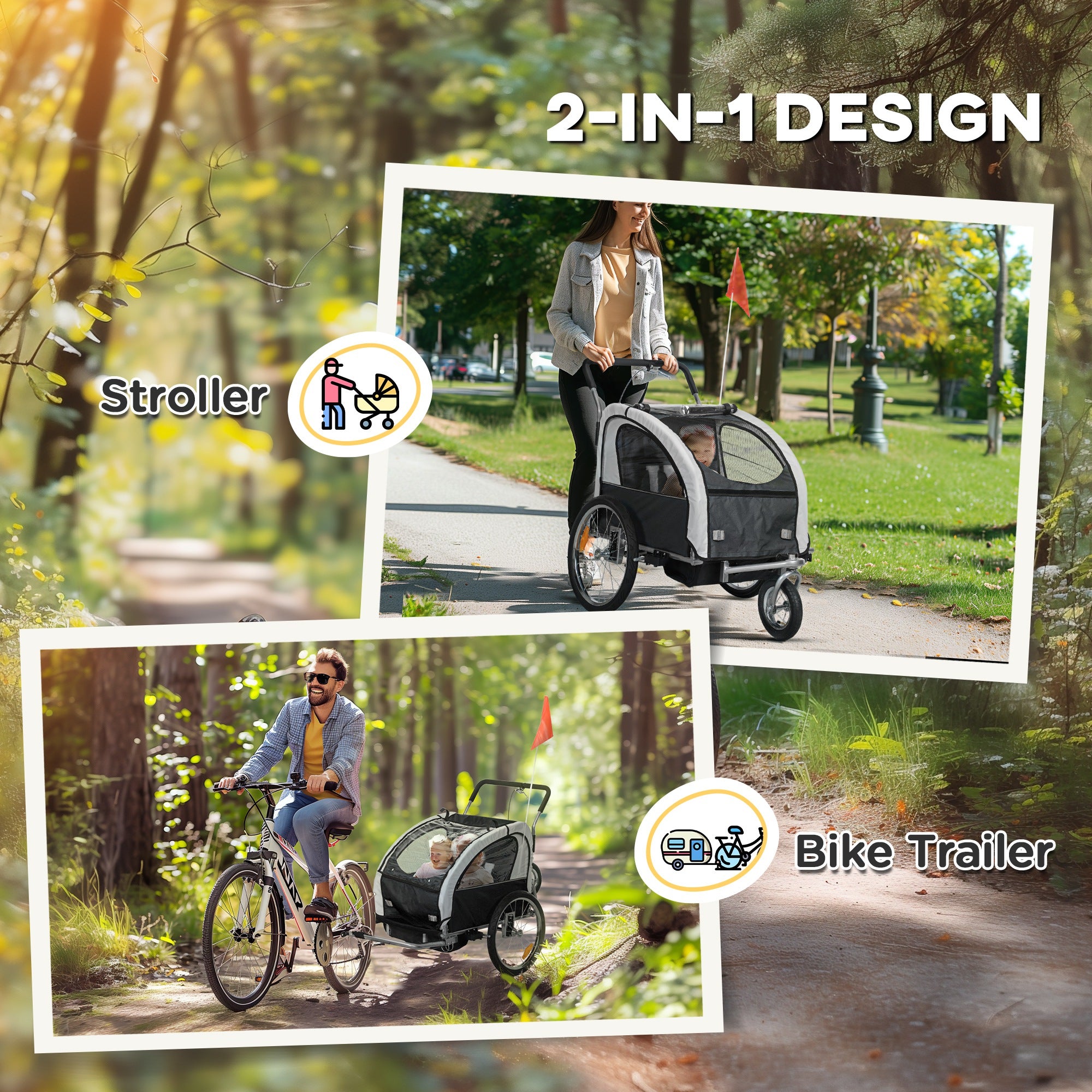 2-Seat Elite 360 Swivel Bike Trailer for Kids Bicycle Cargo Trailer with Water-Resistant Windows, Black and White