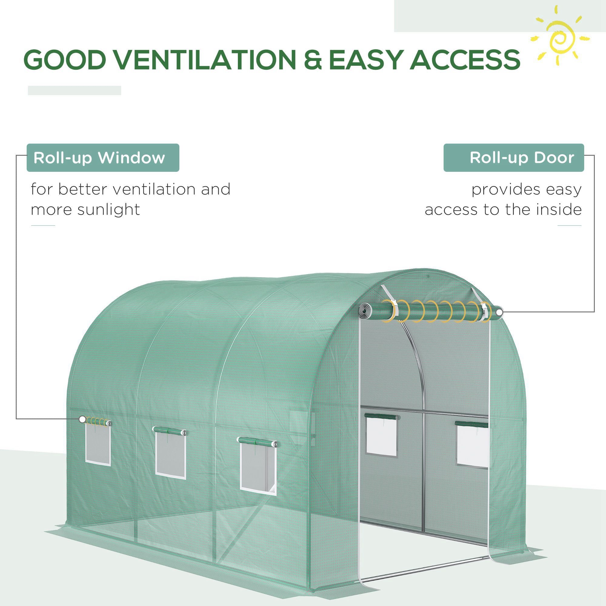 9.8' x 6.6' x 6.6' Plastic Greenhouse Cover Replacement, Heavy Duty Waterproof Tarp for Hoop House, Sheeting with 6 Windows, Door & Reinforcement Grid, Green