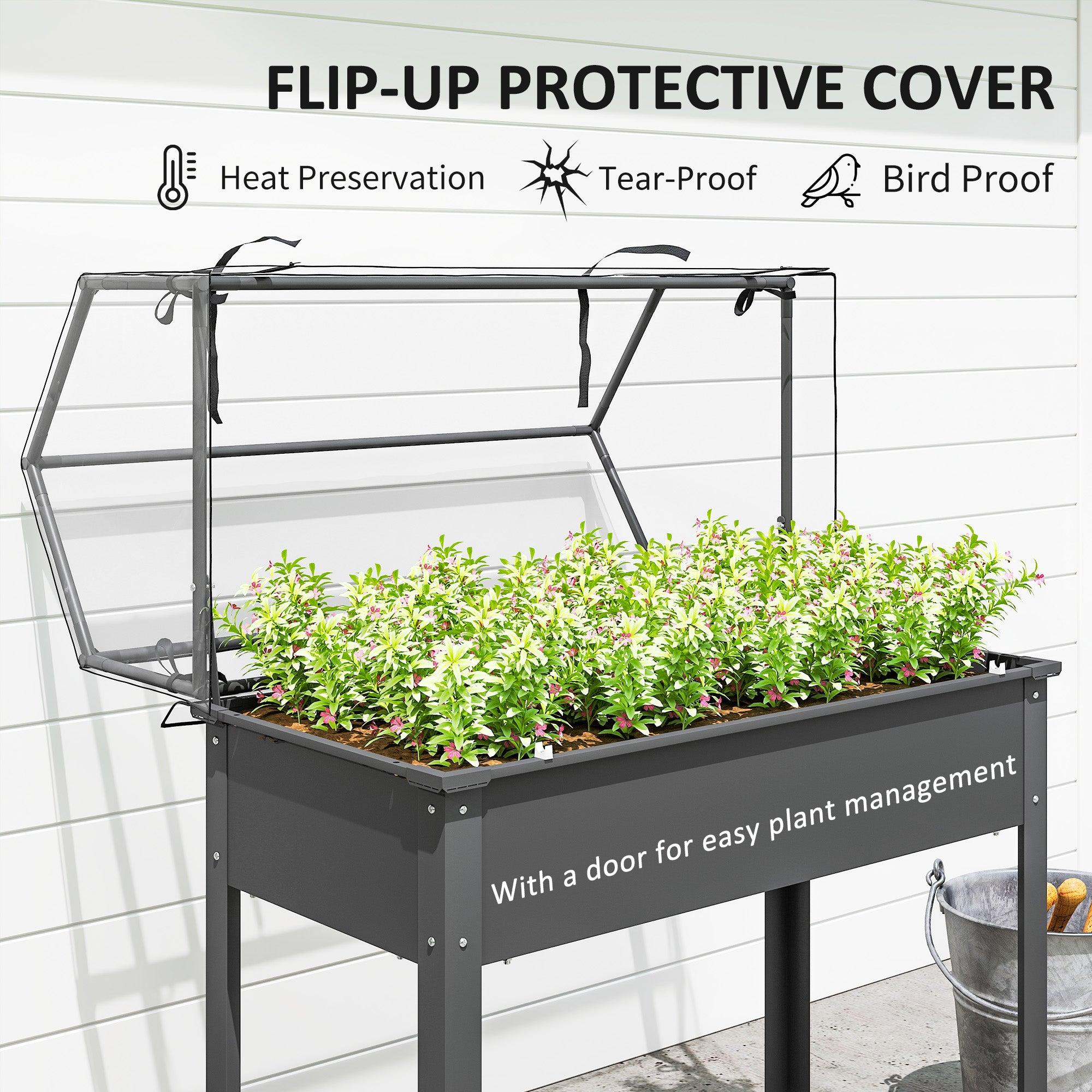 Elevated Garden Box with Greenhouse Cover, Raised Garden Bed with Legs and Drainage Hole for Vegetables, Dark Gray