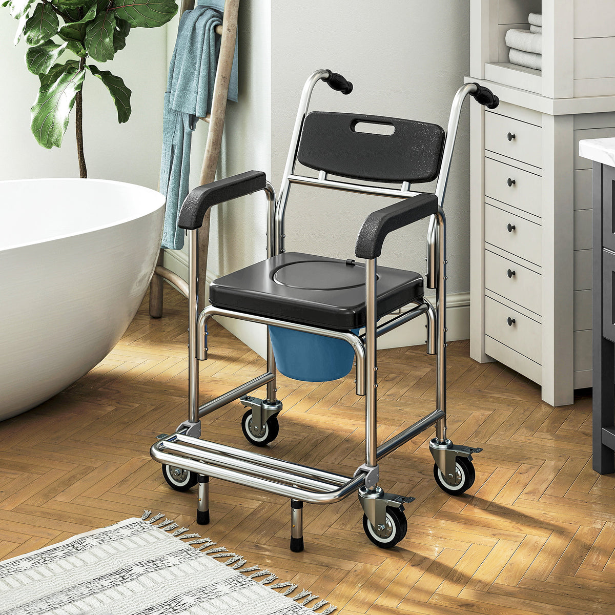 3-in-1 Shower Commode Wheelchair, Accessible Transport Commode Medical Rolling Chair, Black