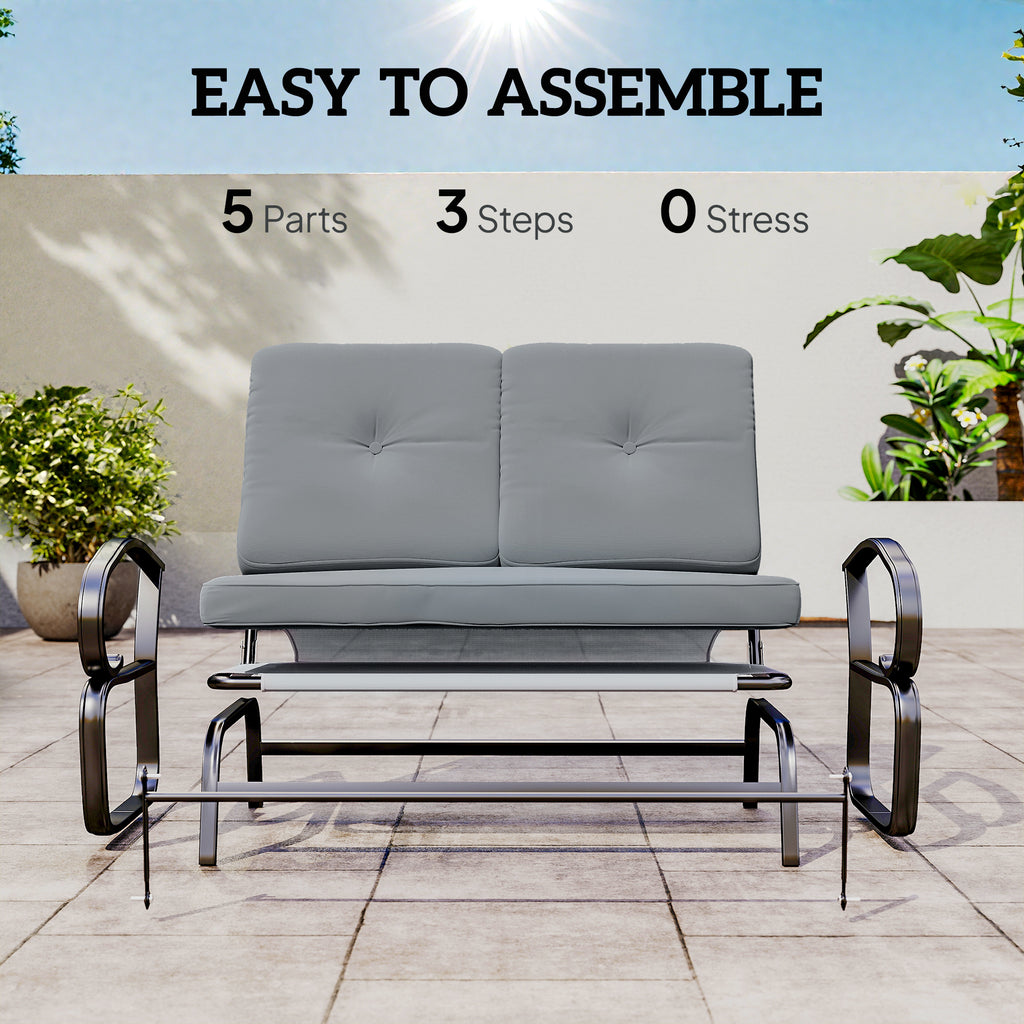 Outdoor Glider Bench, 2-Person Patio Rocker Loveseat with Tufted Cushions, Steel Frame for Porch, Garden Backyard, Gray