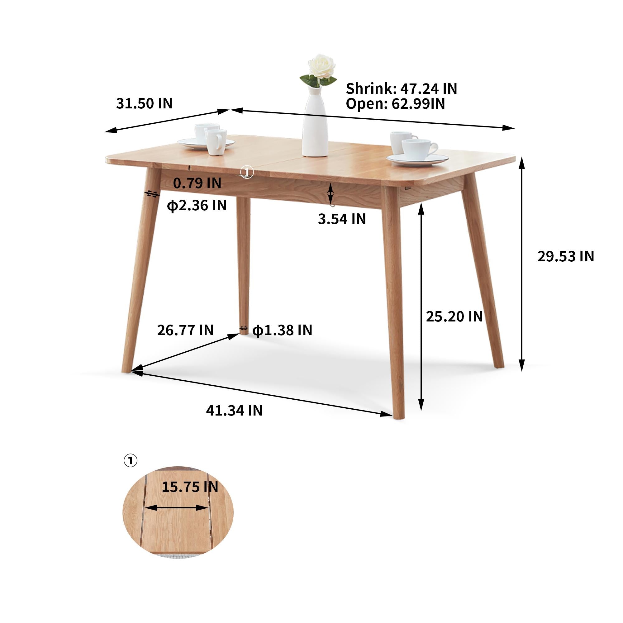 Extendable Dining Table with Telescopic Farmhouse Design, Sturdy Center Table with Rounded Corners, 63″ L x 31.5″ W x 29.5″ H, Light Oak