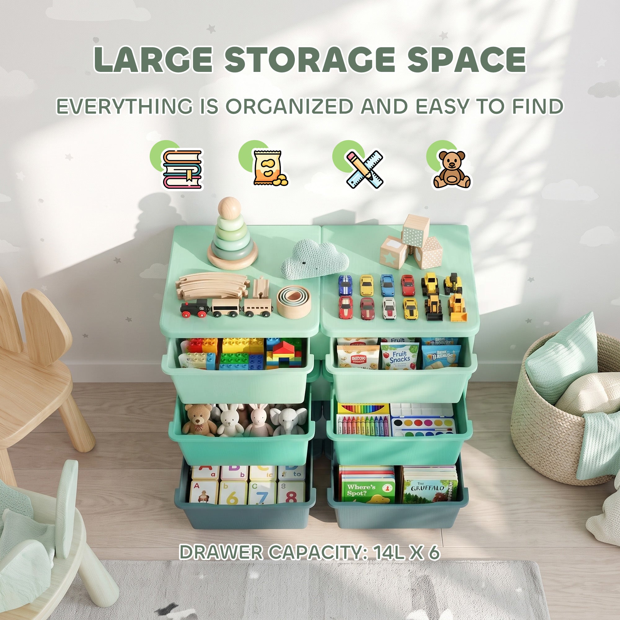 3 Tier Kids Storage Organizer with 6 Drawers for Bedroom, Nursery, Kindergarten, Living Room, Boys and Girls, Green