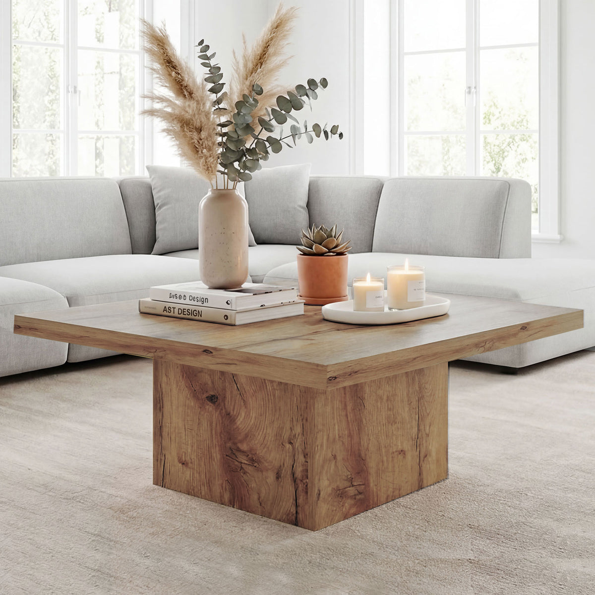 Square Coffee Table, Center Table with 1.6" Thick Tabletop, Light Brown