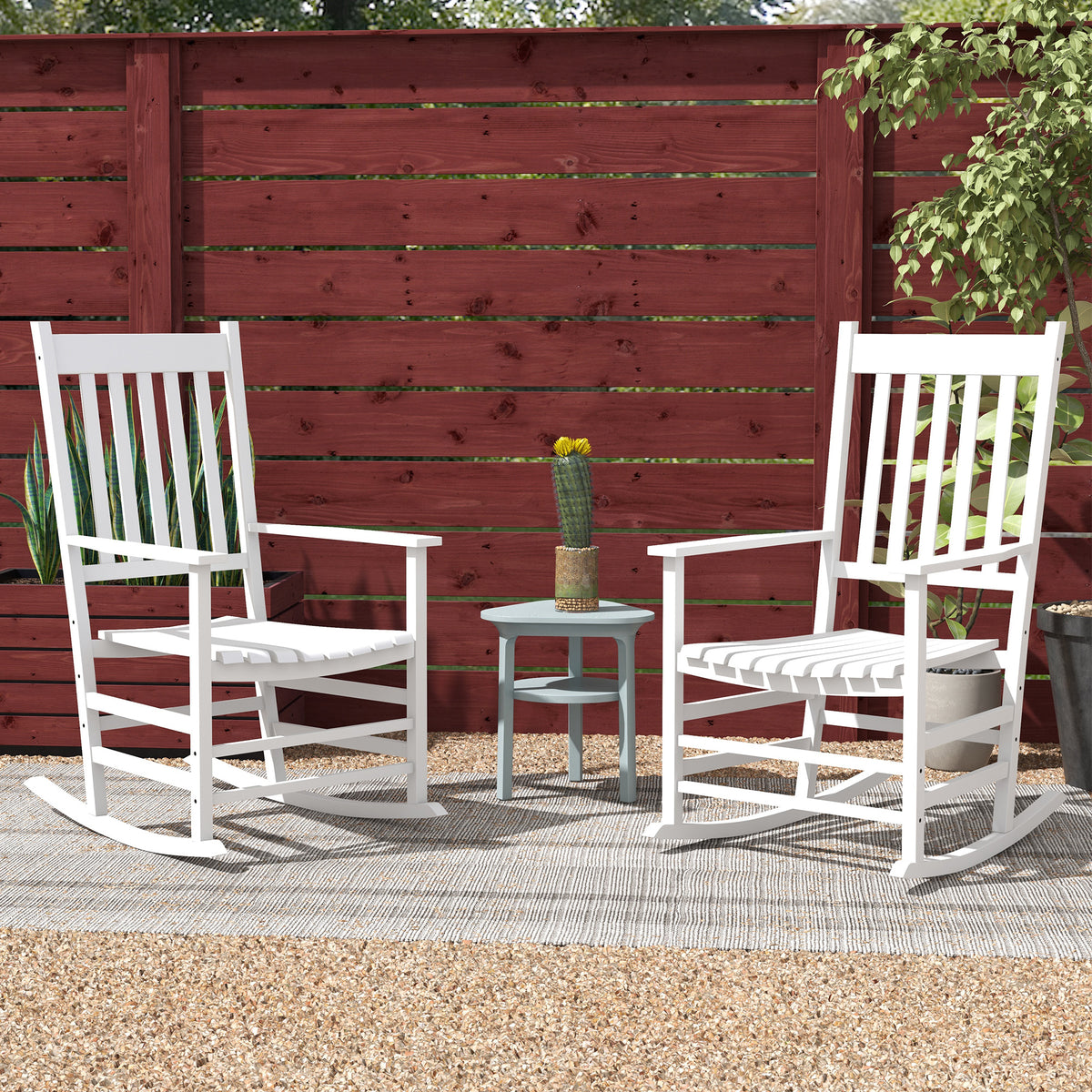 Wooden Rocking Chair Set, Curved Armrests, High Back, Slatted Seat Outdoor Rocker Set, White