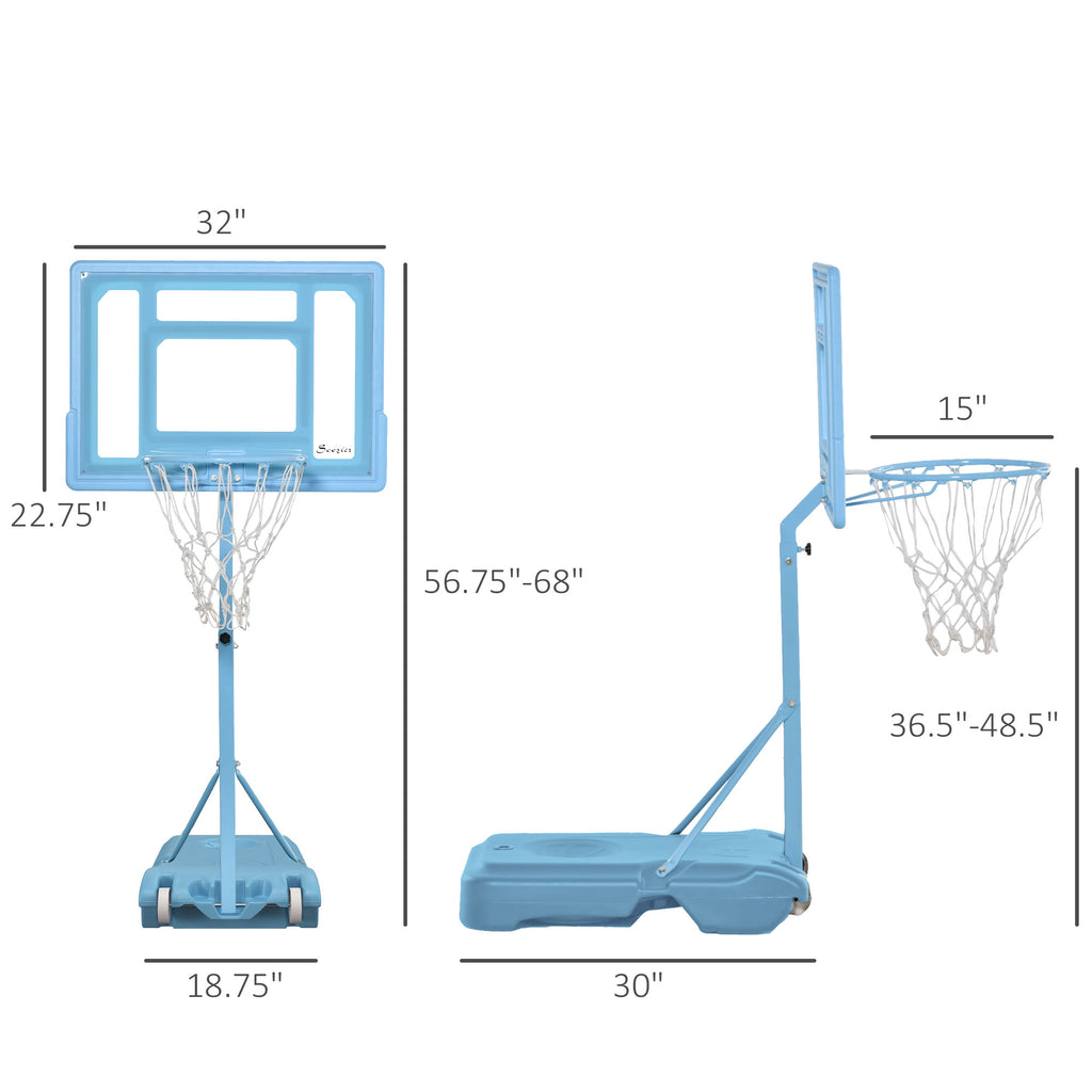 Poolside Basketball Hoop Stand, 36.5"-48.5" Height Adjustable Portable Hoop System w/ Clear Backboard & Fillable Base for Whole Family, Blue, White
