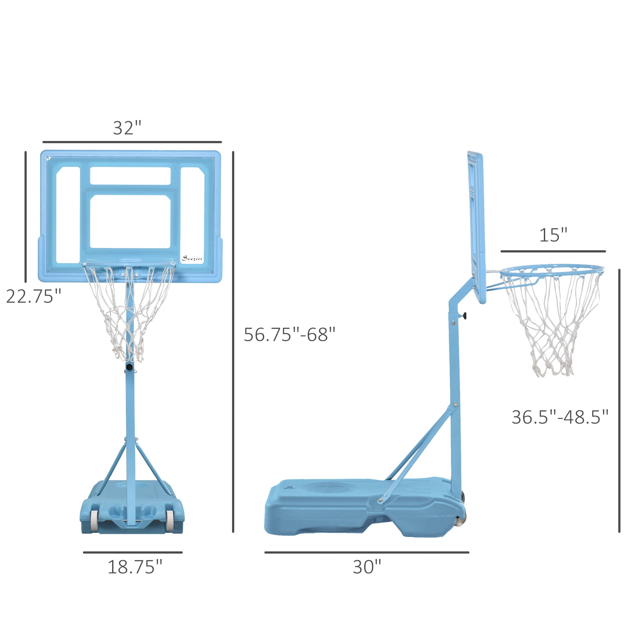 Poolside Basketball Hoop Stand, 36.5"-48.5" Height Adjustable Portable Hoop System w/ Clear Backboard & Fillable Base for Whole Family, Blue, White