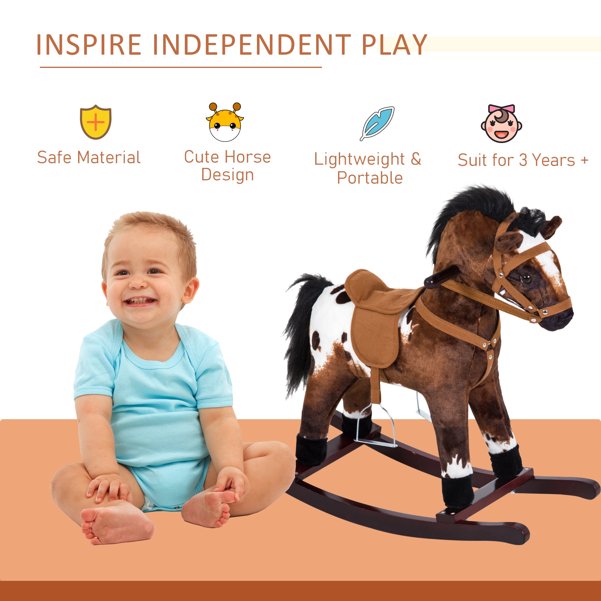 Kids Wooden Plush Ride-On Rocking Horse Chair Toy with Realistic Sounds Dark Brown/White