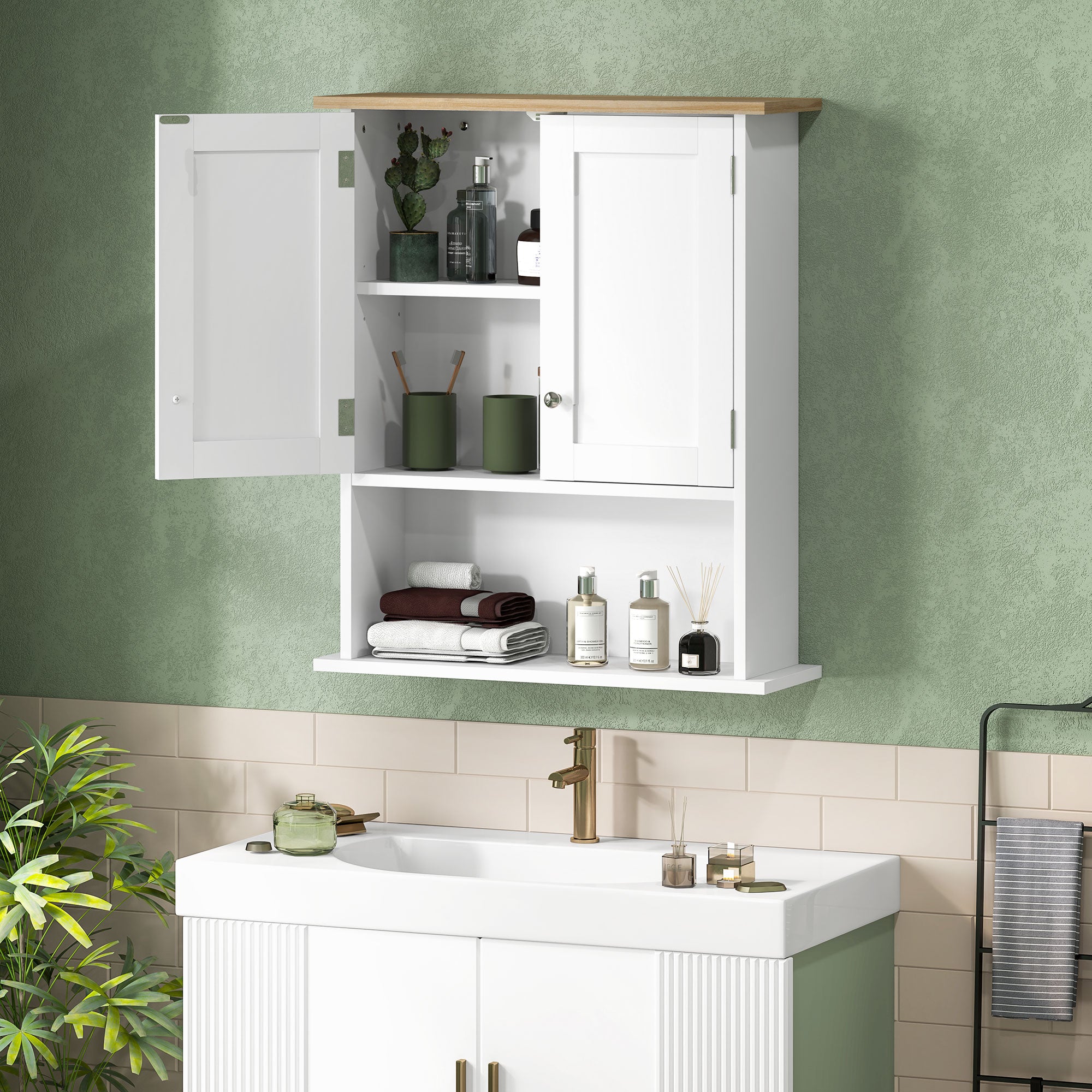 Wall Mounted Bathroom Cabinet, Modern Bathroom Wall Cabinet with 2 Doors and Adjustable Shelf, White
