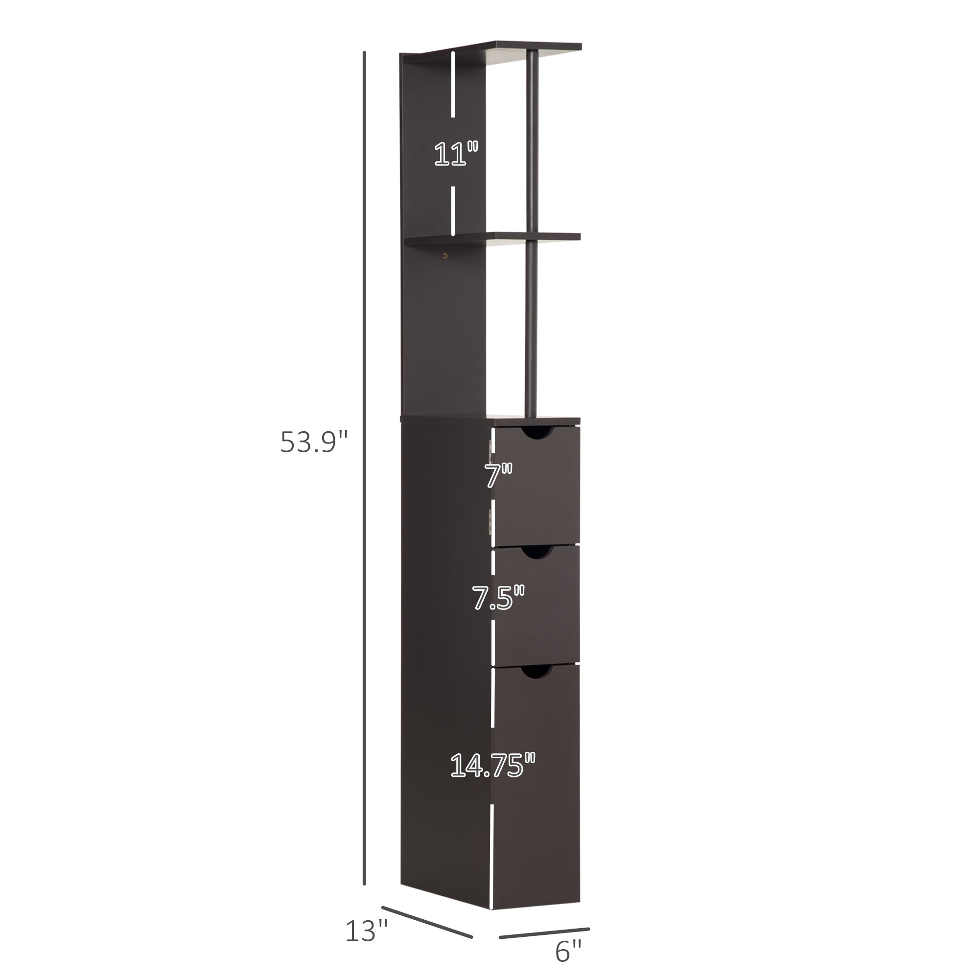 54" Tall Bathroom Storage Cabinet, Freestanding Linen Tower with 2-Tier Shelf and Drawers, Narrow Side Floor Organizer, Brown