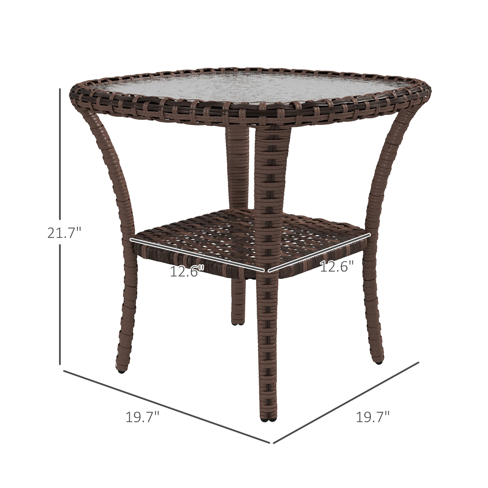 Outdoor Coffee Table with Storage Shelf, Hand-Woven Wicker Side Table with Water-Ripple Glass Top, Mix Brown