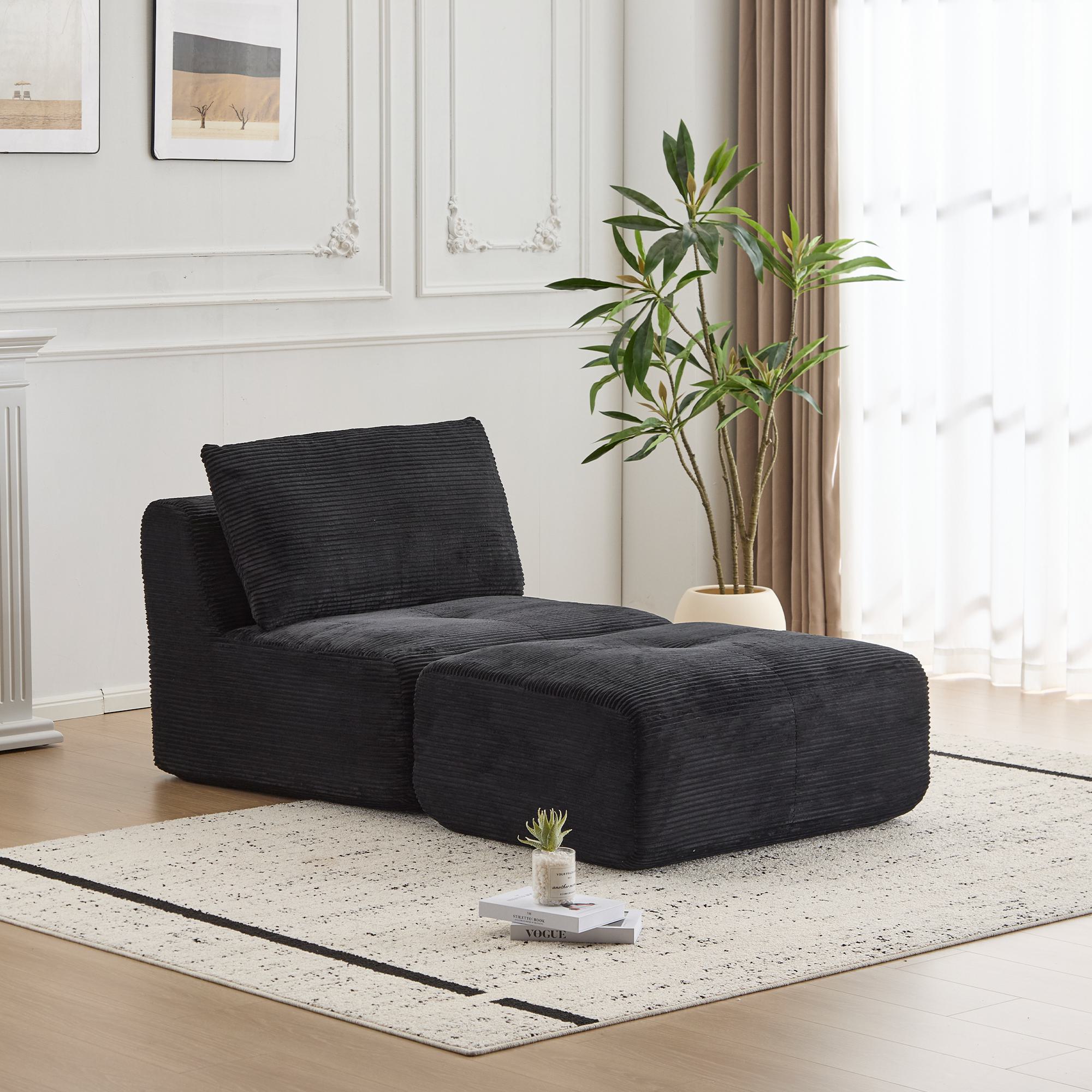 Compressed Sofa Modern Memory Foam with Movable Ottoman, Corduroy Fabric, Modular Sofas for Small Spaces Single Chaise Longue for Apartments, 71" L x 36" W x 28.5" H, Black