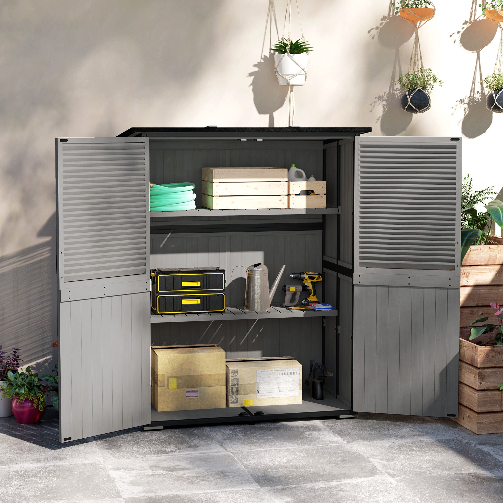 Wood Storage Shed, Outdoor Garden Shed with Asphalt Roof, 2 Shelves, Lockable Doors and Adjustable Feet, Gray