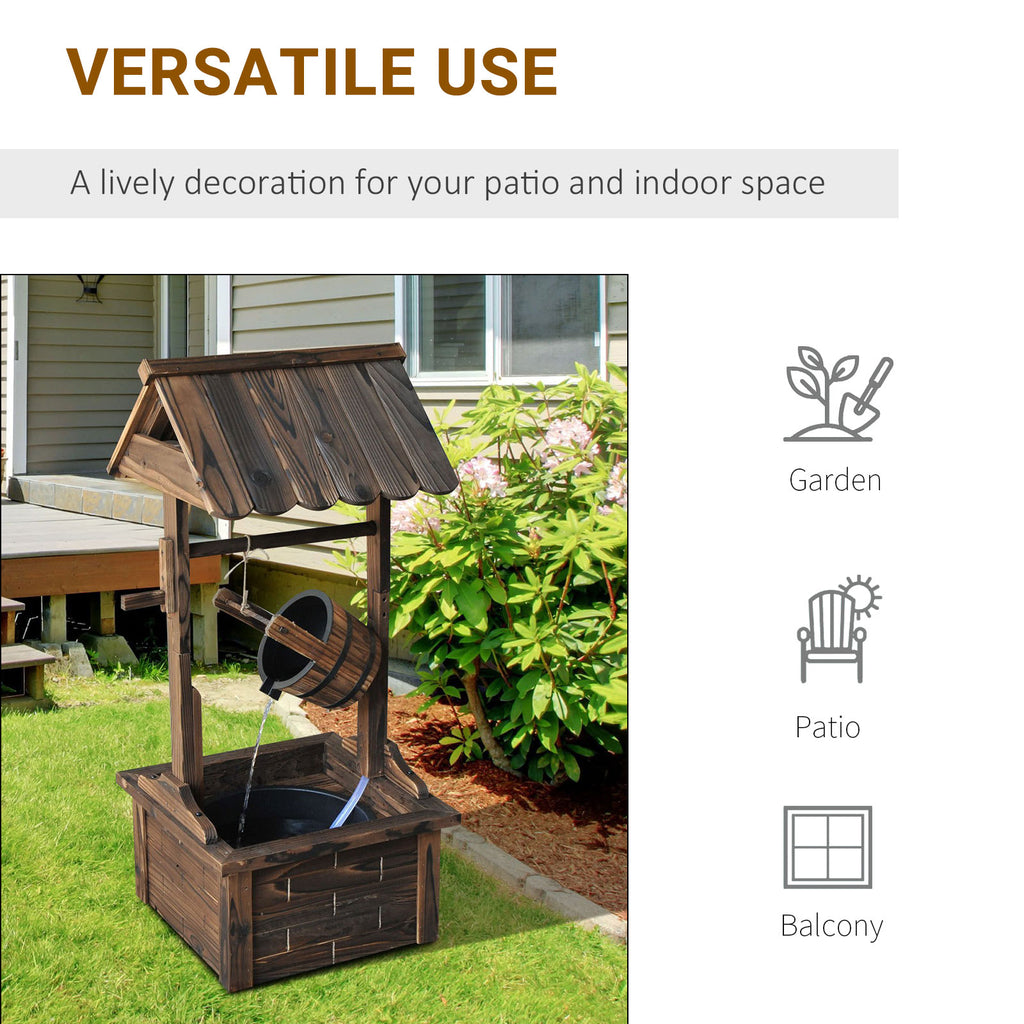 Outdoor Wooden Wishing Well Fountain with Adjustable Water Flow Rate, Rustic Waterfall Fountain, Carbonized Finish