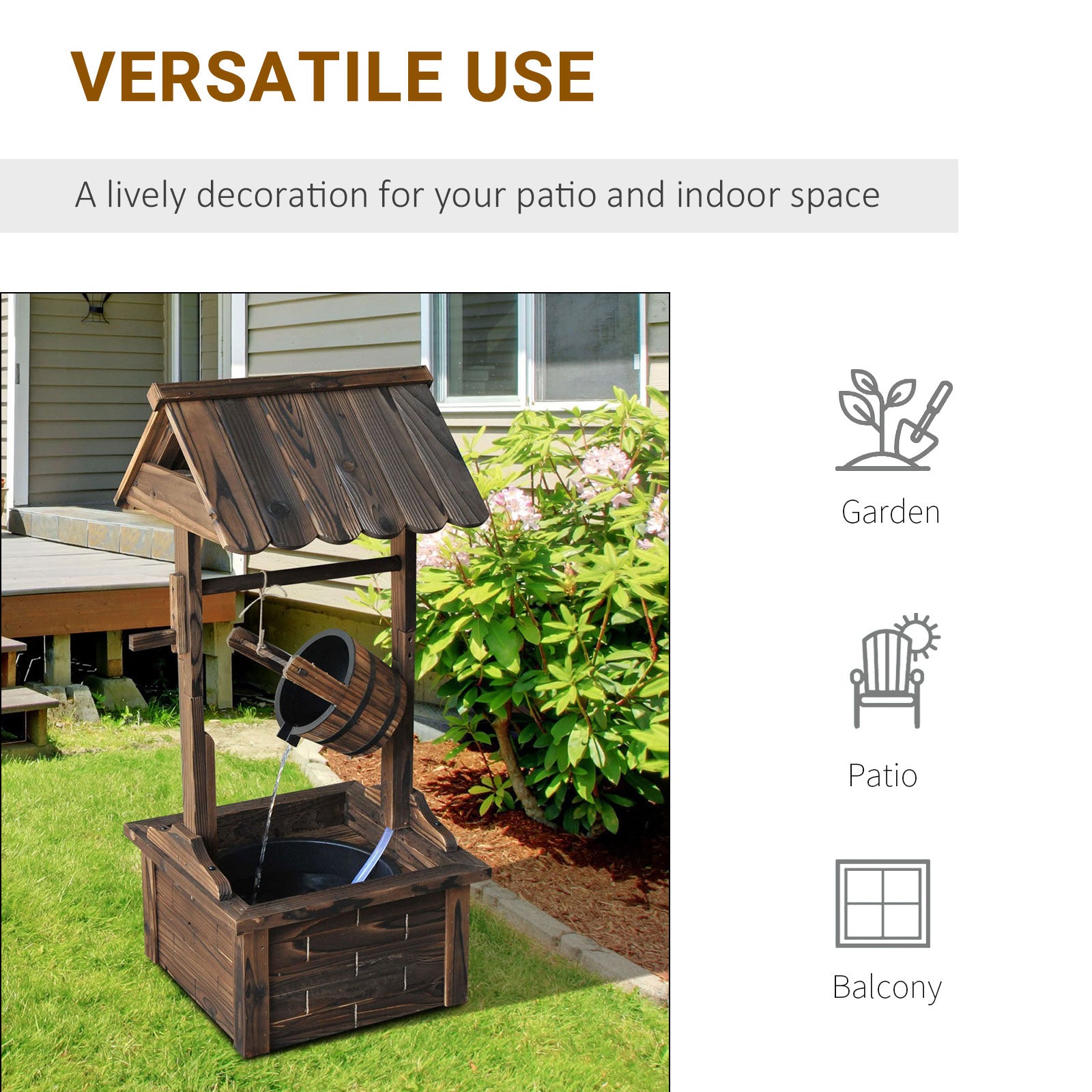 Outdoor Wooden Wishing Well Fountain with Adjustable Water Flow Rate, Rustic Waterfall Fountain, Carbonized Finish