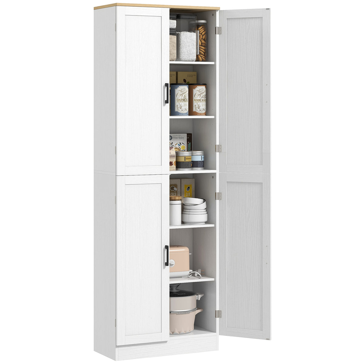 Freestanding Kitchen Pantry, 4-Door Kitchen Pantry Cabinet with Adjustable Shelves and Doors, Distressed White