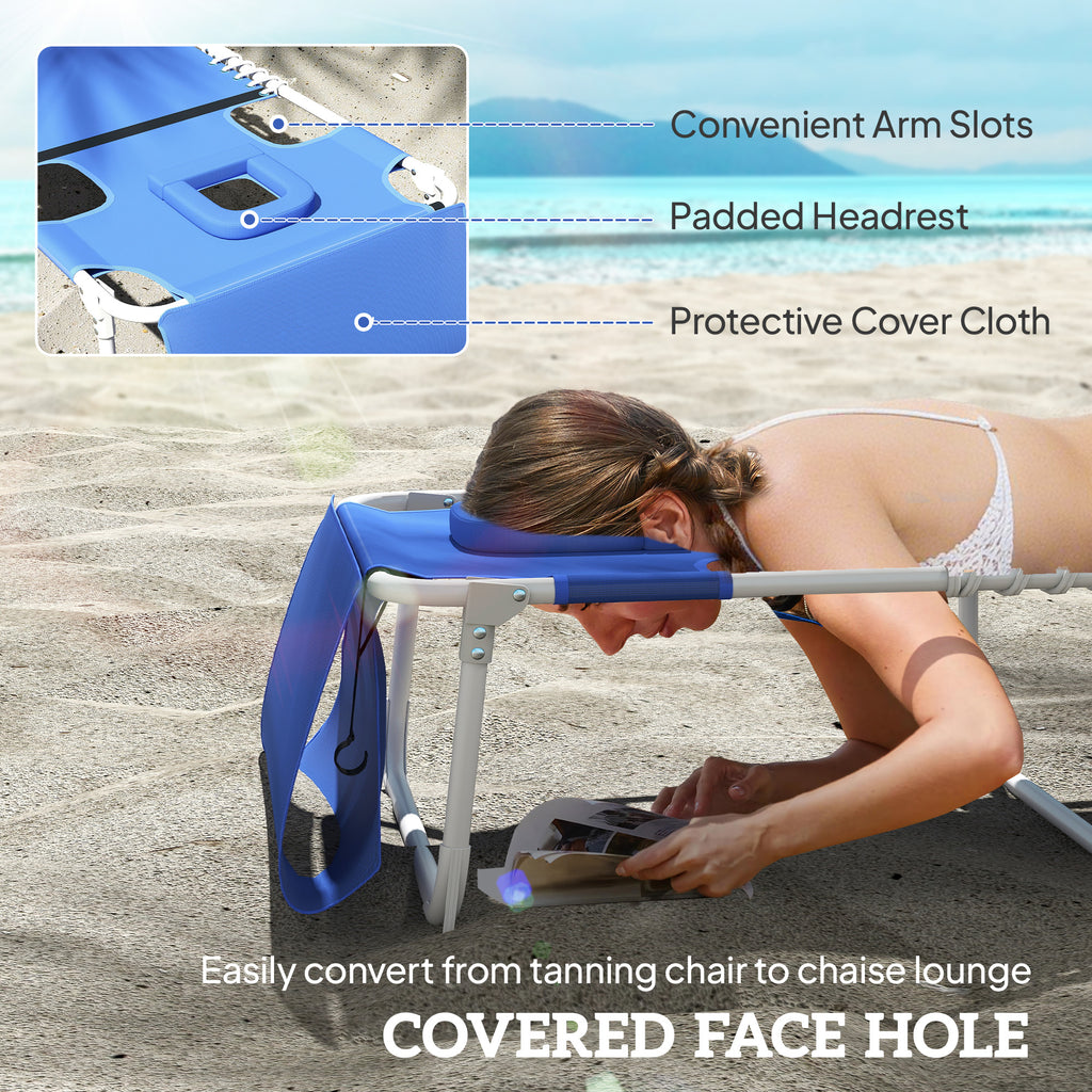 Tanning Chair Set of 2 with Face Hole and Side Table, 5-Position Folding Outdoor Chaise Lounge Chair, Navy Blue