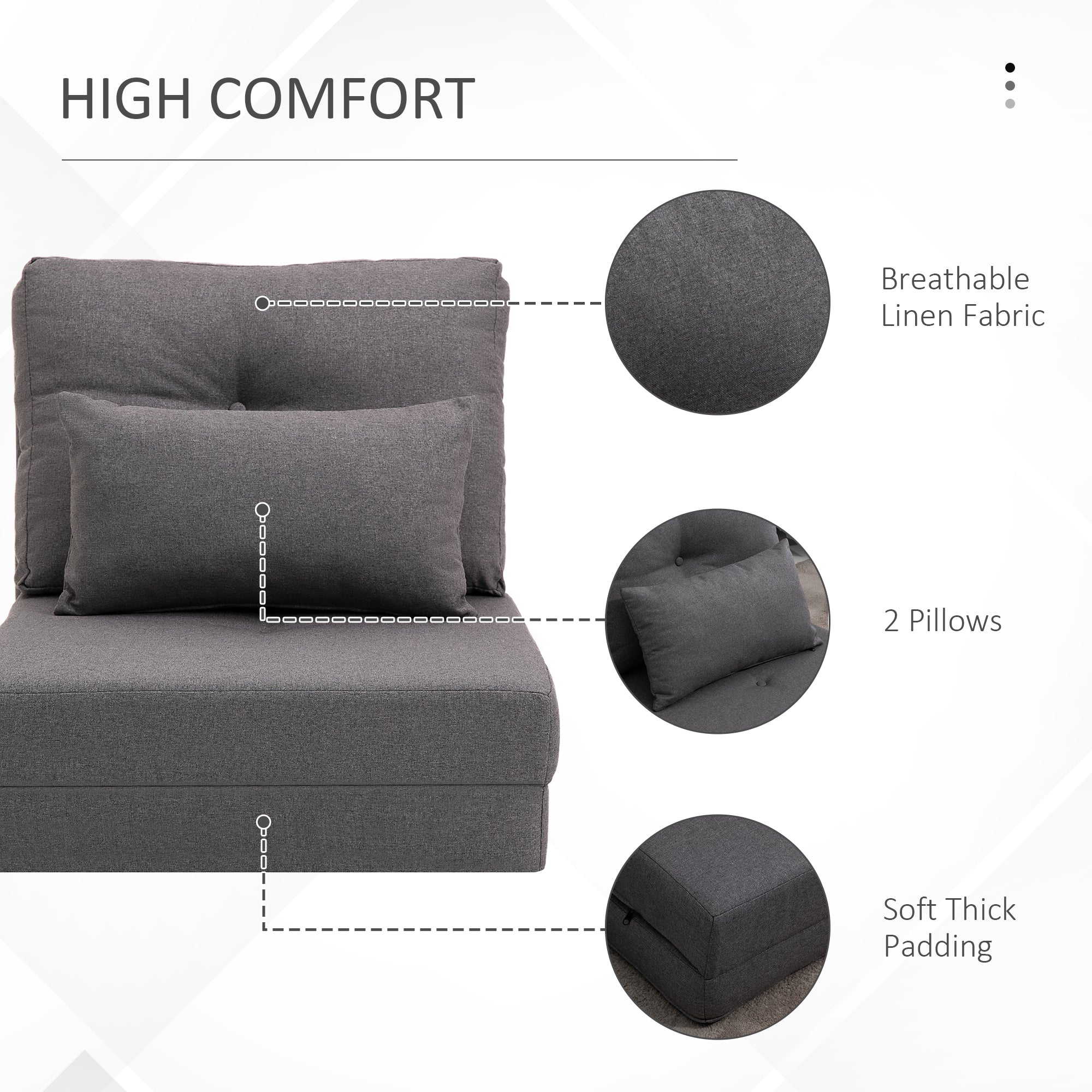 Convertible Flip Chair, Floor Lazy Sofa, Folding Upholstered Couch Bed with Adjustable Backrest, Metal Frame and Pillows for Living Room Bedroom, Dark Gray