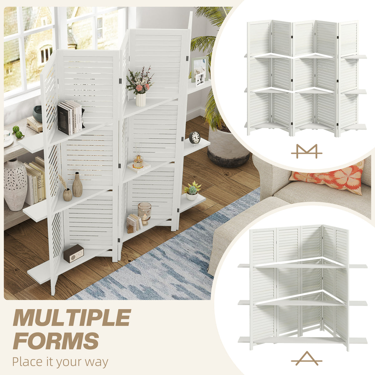 5 Panel 67" Tall Wood Privacy Screen Room Divider with 3 Shelves and Folding Storage for Bedroom, White