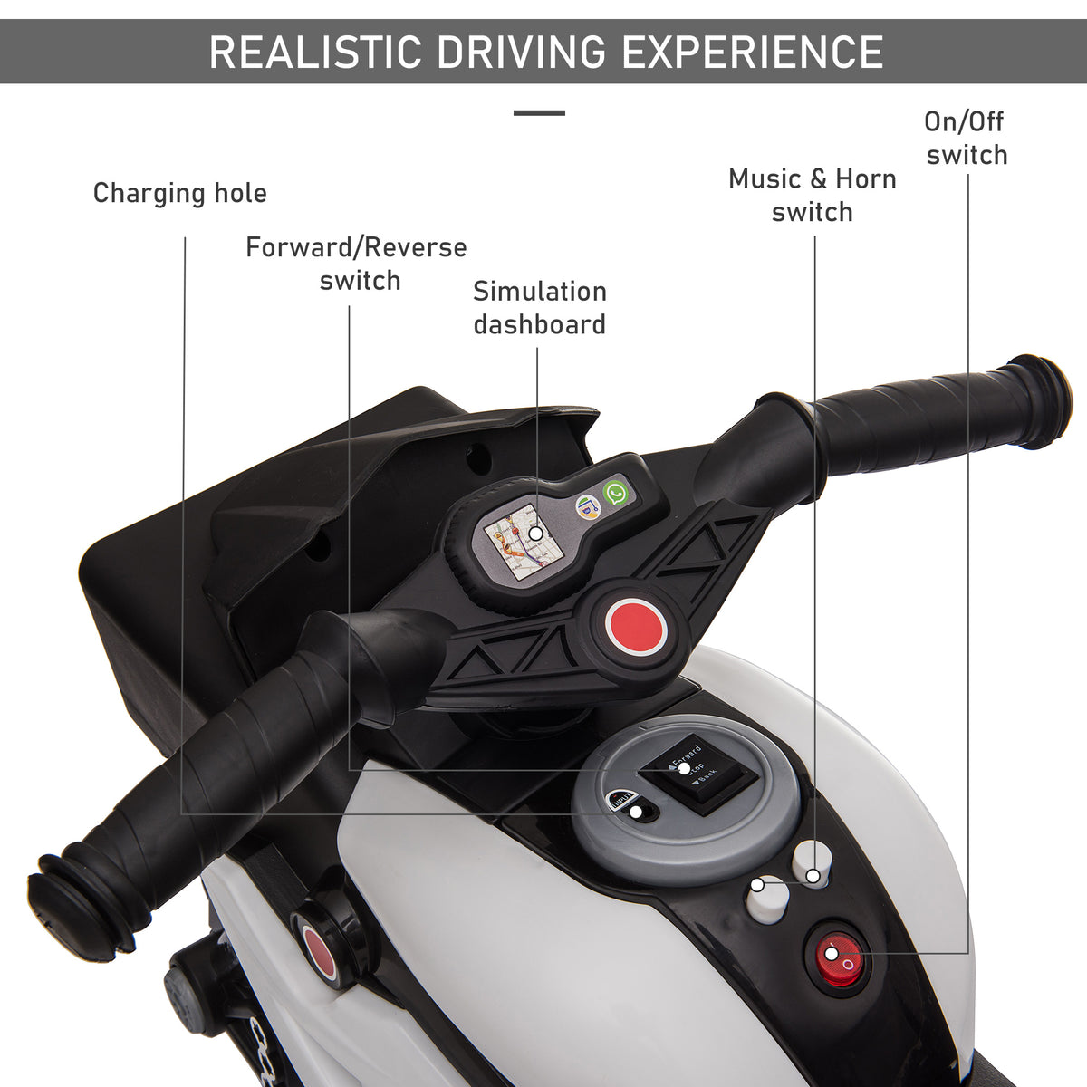 6V Kids Motorcycle, Battery-Operated Mini Electric Motorbike with Forward/Reverse Switch, Horn, White