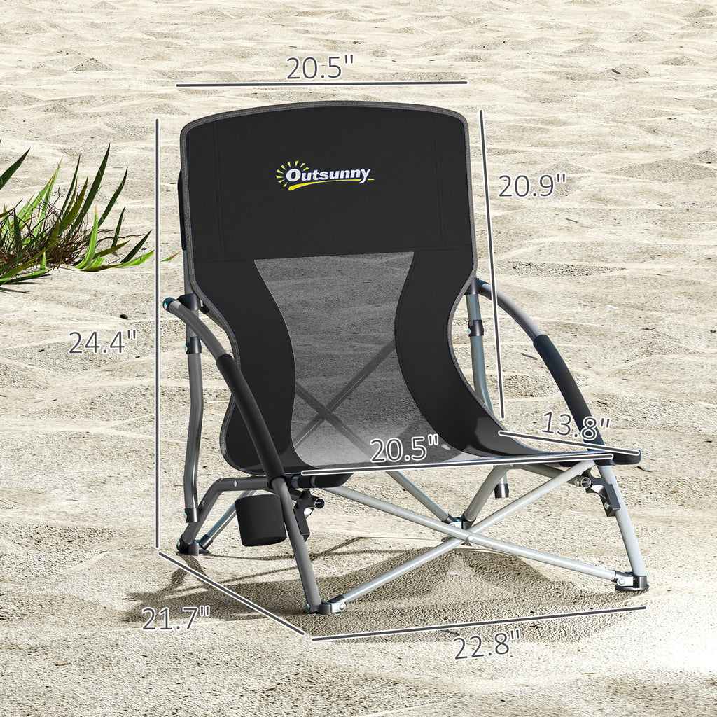 Set of 2 Folding Beach Chairs with Mesh Back, Carry Bag and Cup Holder for Outdoor Camping Lawn Sports Picnic, Black