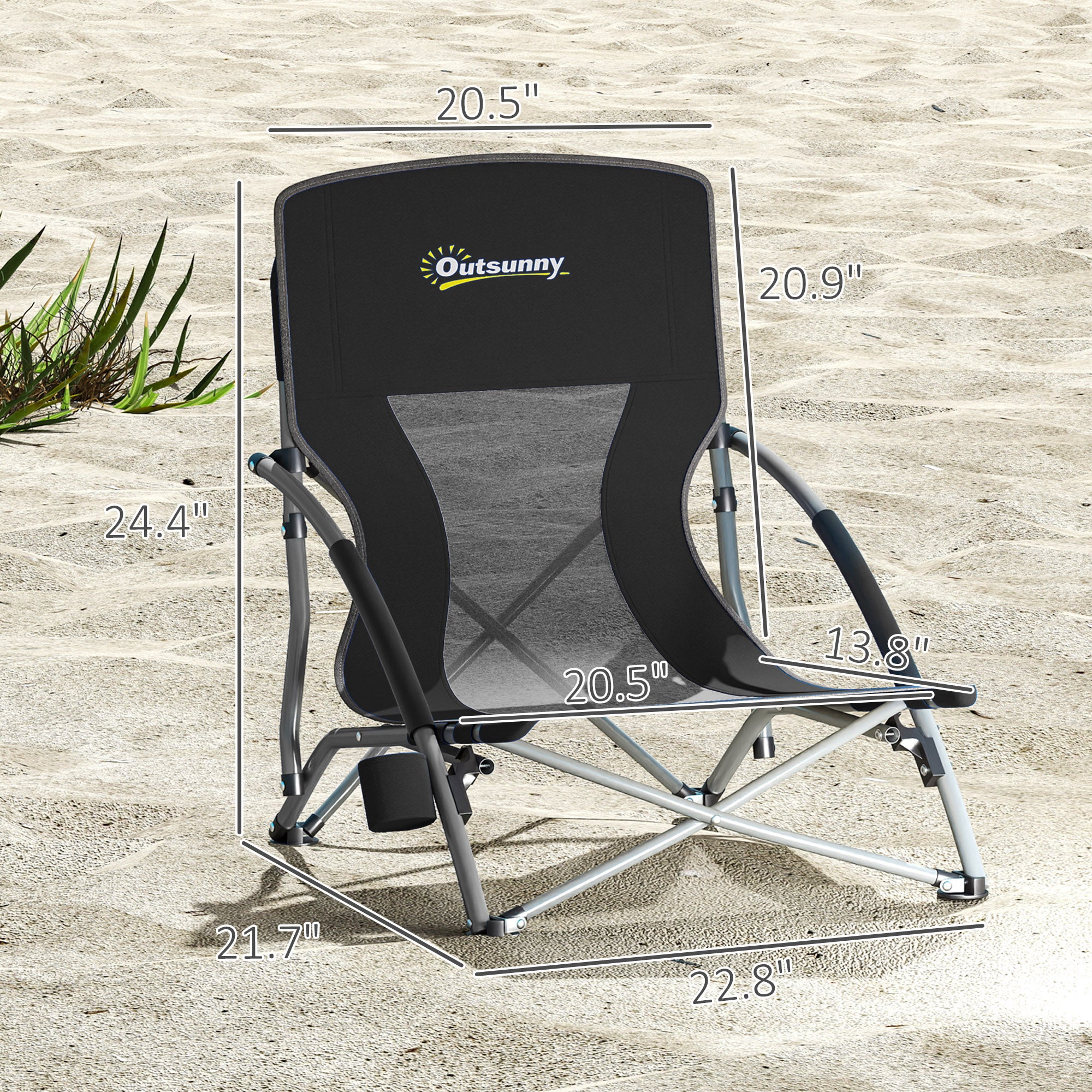Set of 2 Folding Beach Chairs with Mesh Back, Carry Bag and Cup Holder for Outdoor Camping Lawn Sports Picnic, Black