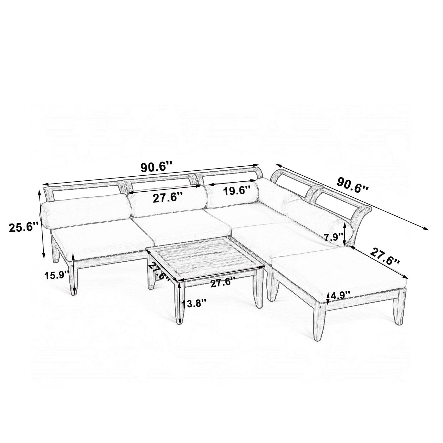 6 Piece Patio Sofa Set with Tea Table & Ottoman for Garden, Modular Sectional with 5 Thick Cushion, 30" L x 27.5" W x 16" H, Teak+Beige
