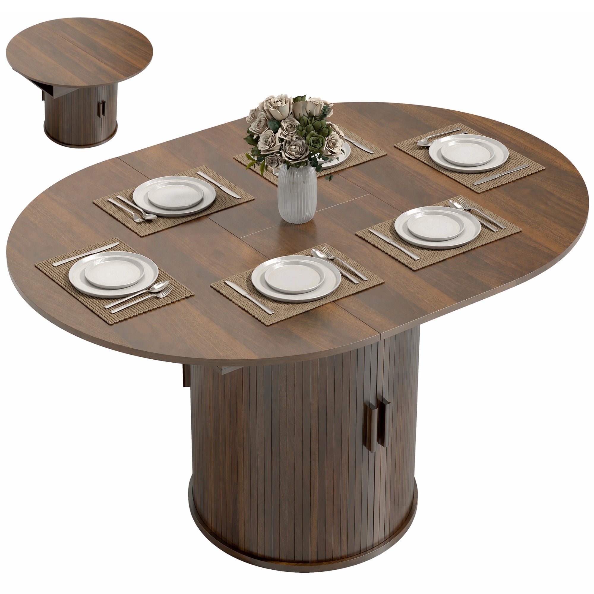 Extendable Dining Table for 6, 60" Farmhouse Kitchen Table with 2-Tier Storage Shelf and Fluted Sliding Doors, Walnut