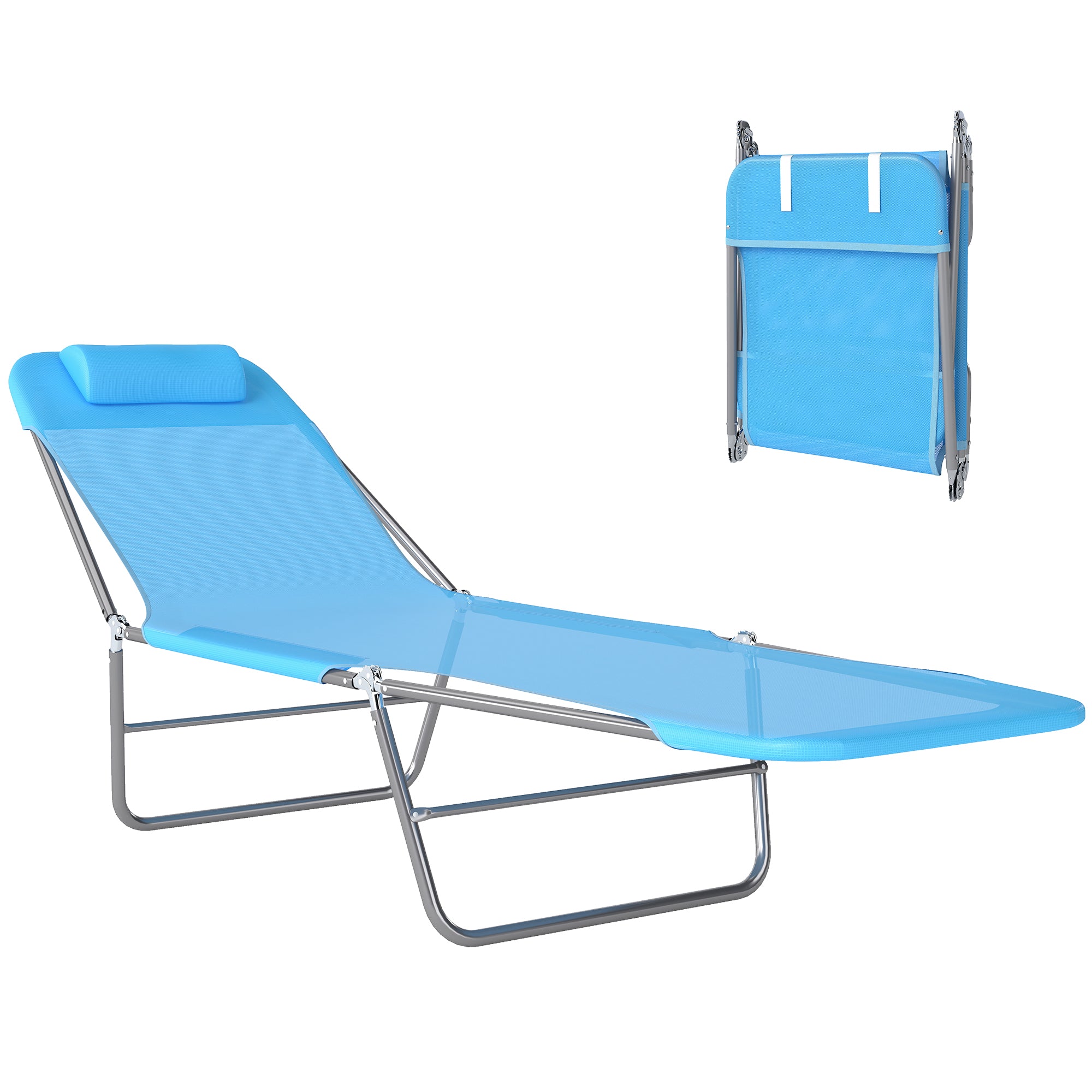 Folding Chaise Lounge Pool Chairs, Outdoor Sun Tanning Chairs with Pillow, Reclining Back, Steel Frame & Breathable Mesh for Beach, Yard, Patio, Blue