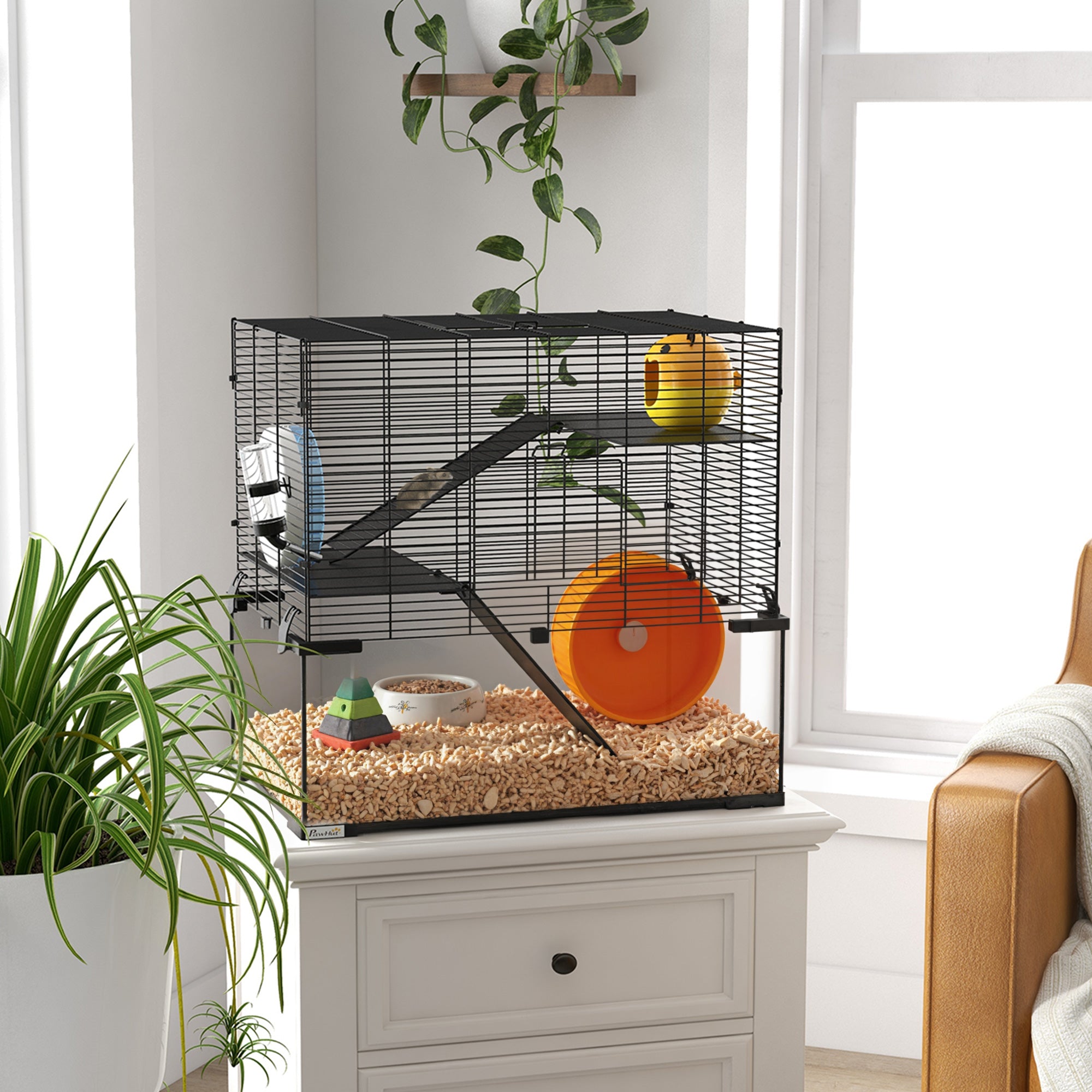 23.5" Hamster Cage, Gerbil Cage with Glass Basin for Small Hamsters, Black