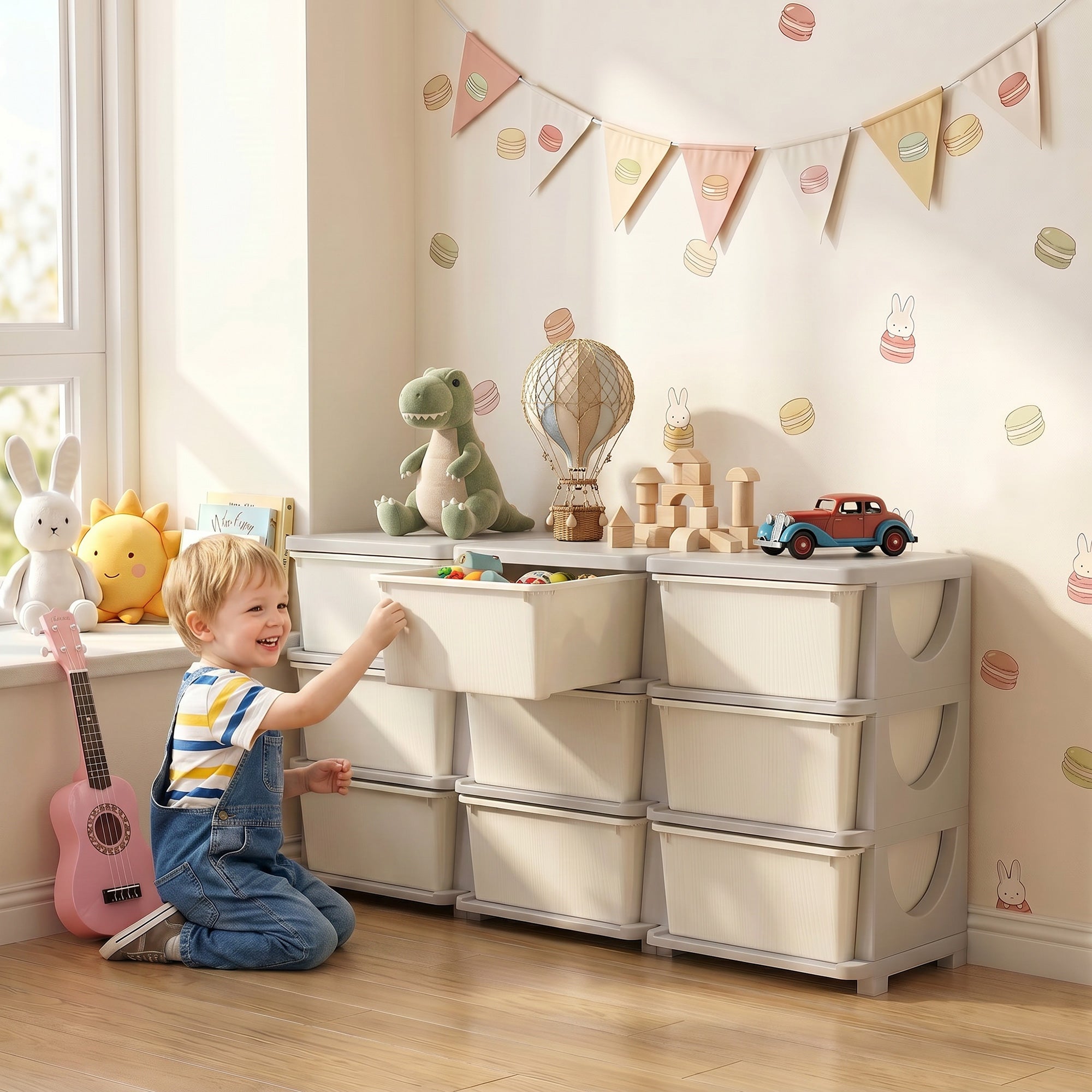29.5" 3 Tier Kids Storage Unit Dresser Tower w/ 9 Drawers, Cream White