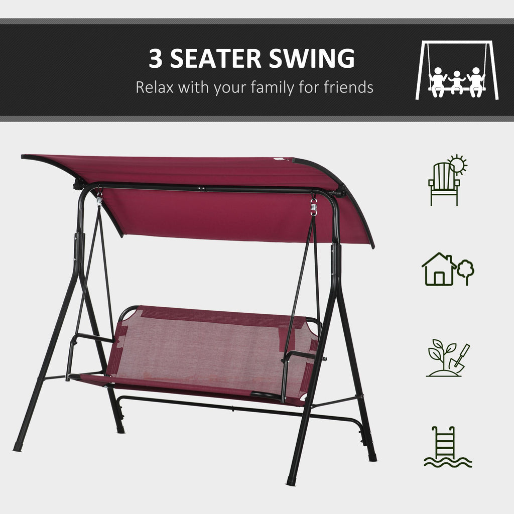 3-Person Porch Swing with Stand, Outdoor Swing for Patio Porch with Adjustable Tilt Canopy and Comfortable Swing Bench-Style Seat, Steel Frame, Wine Red