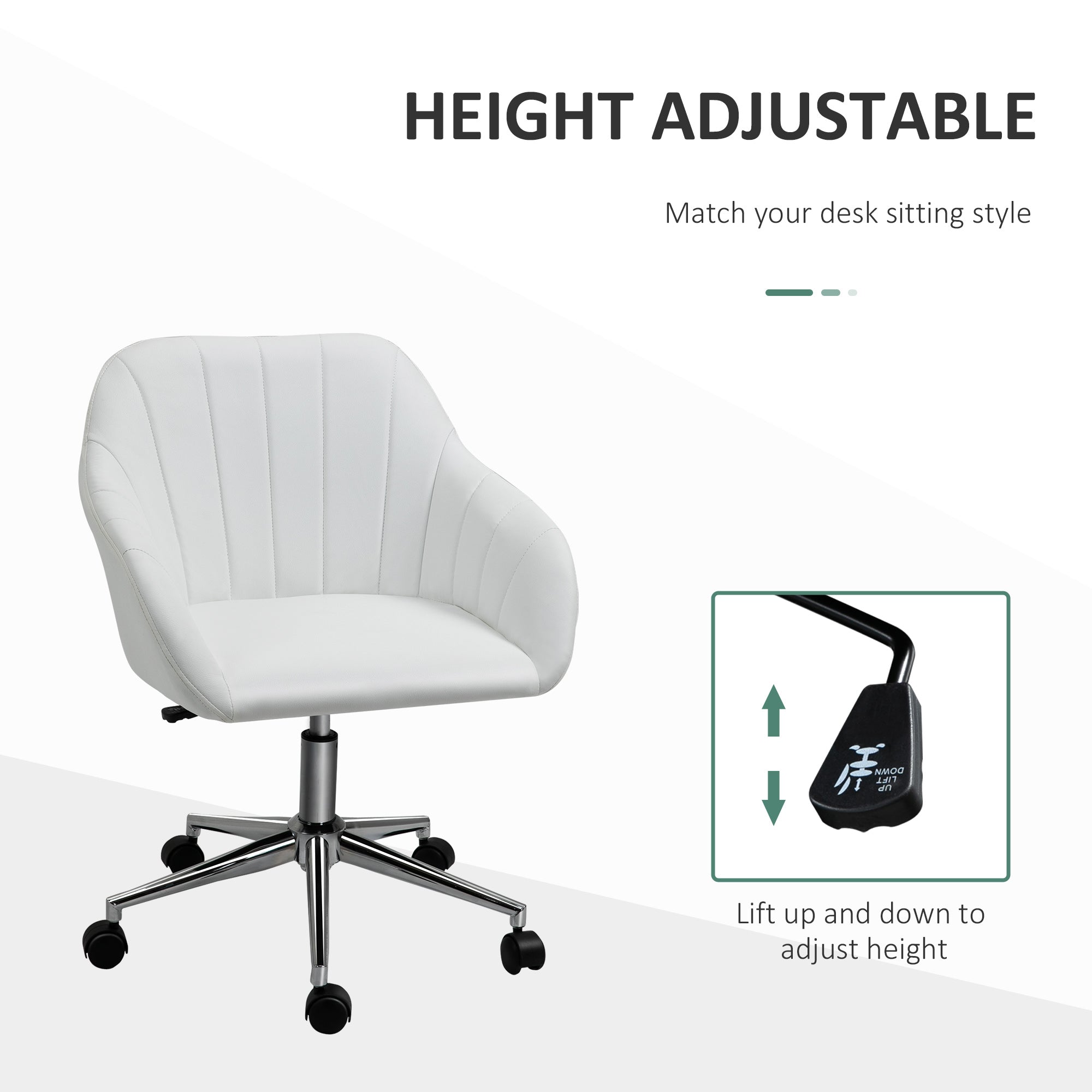 Mid Back Home Office Chair Computer Desk Chair with PU Leather, Adjustable Height, Swivel Wheels for Study, Bedroom, White