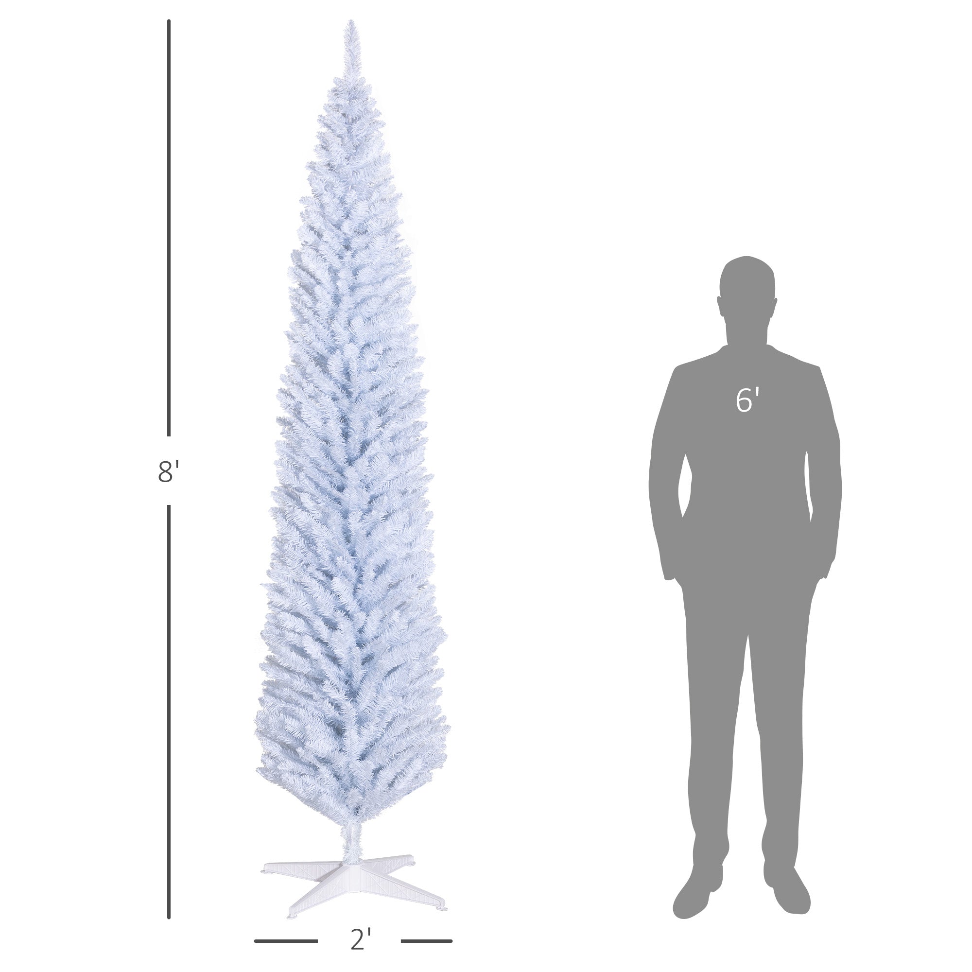 8ft Unlit Pencil Artificial Christmas Tree with Realistic Branches and 618 Tips, Plastic Base, White