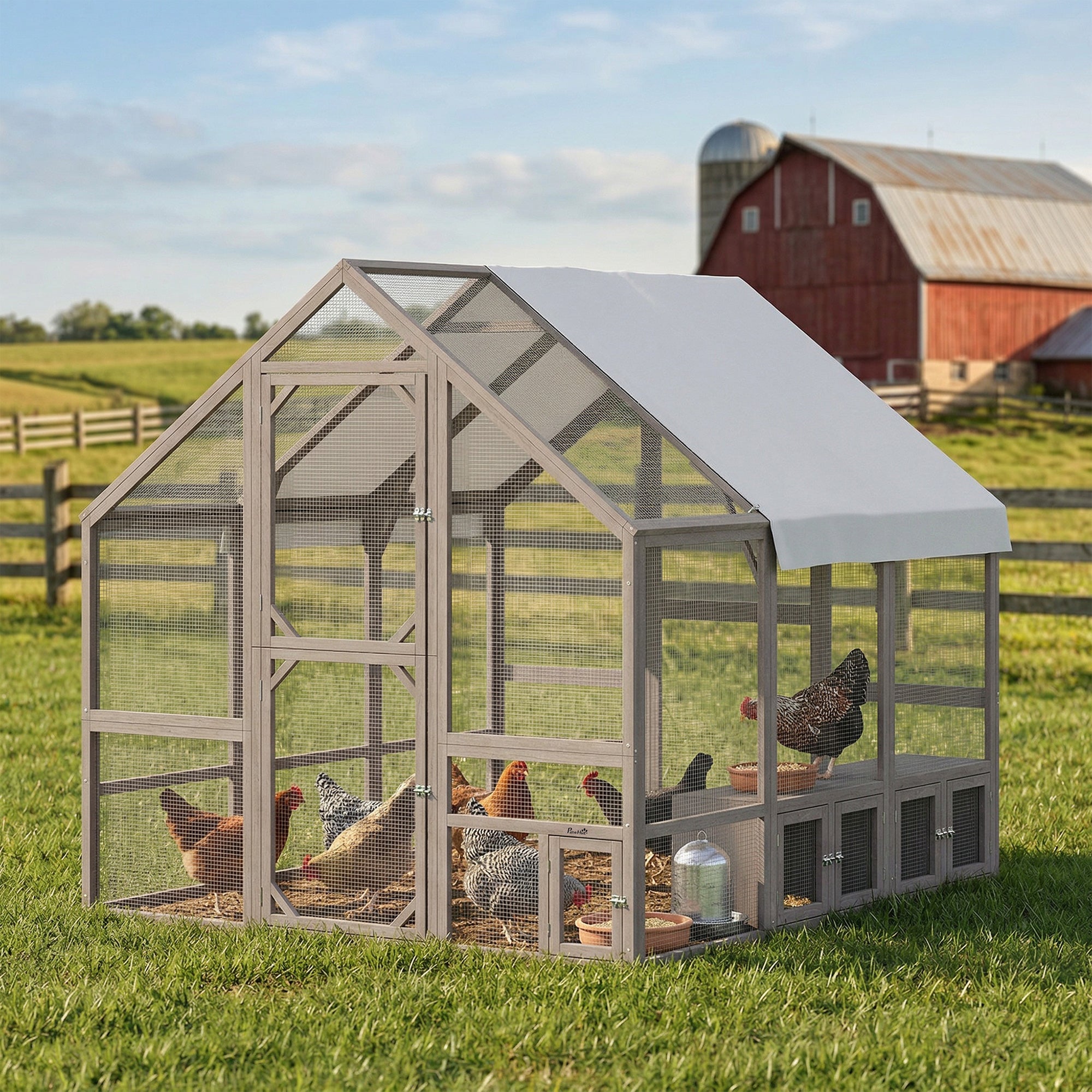 Large Wooden Chicken Coop for 8-10 Hens, Walk-in Chicken Run with Waterproof Cover, Nesting Boxes and Perches