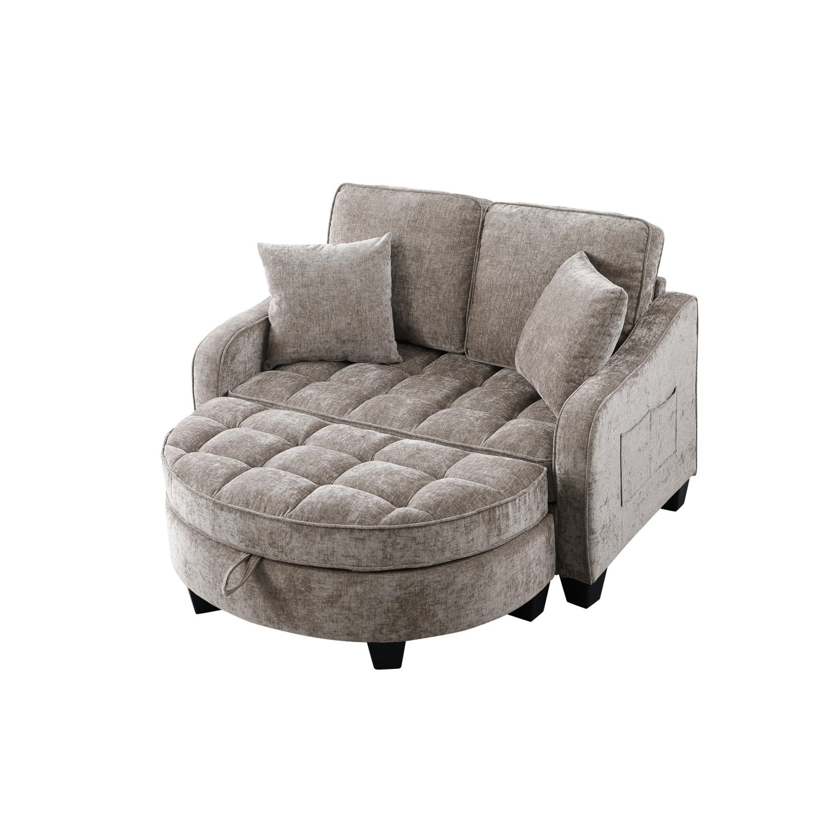 2-Seater Sofa Chaise Lounge with Irregular Curved Armrests, Ergonomic Backrest, Footrest with 2 Throw Pillows, 42.5" L x 32.5" W x 36.5" H, Brown
