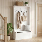 3-In-1 Entryway Bench with Coat Rack, Hall Tree with Bench and Shoe Storage, 5 Hooks for Hallway Cream White