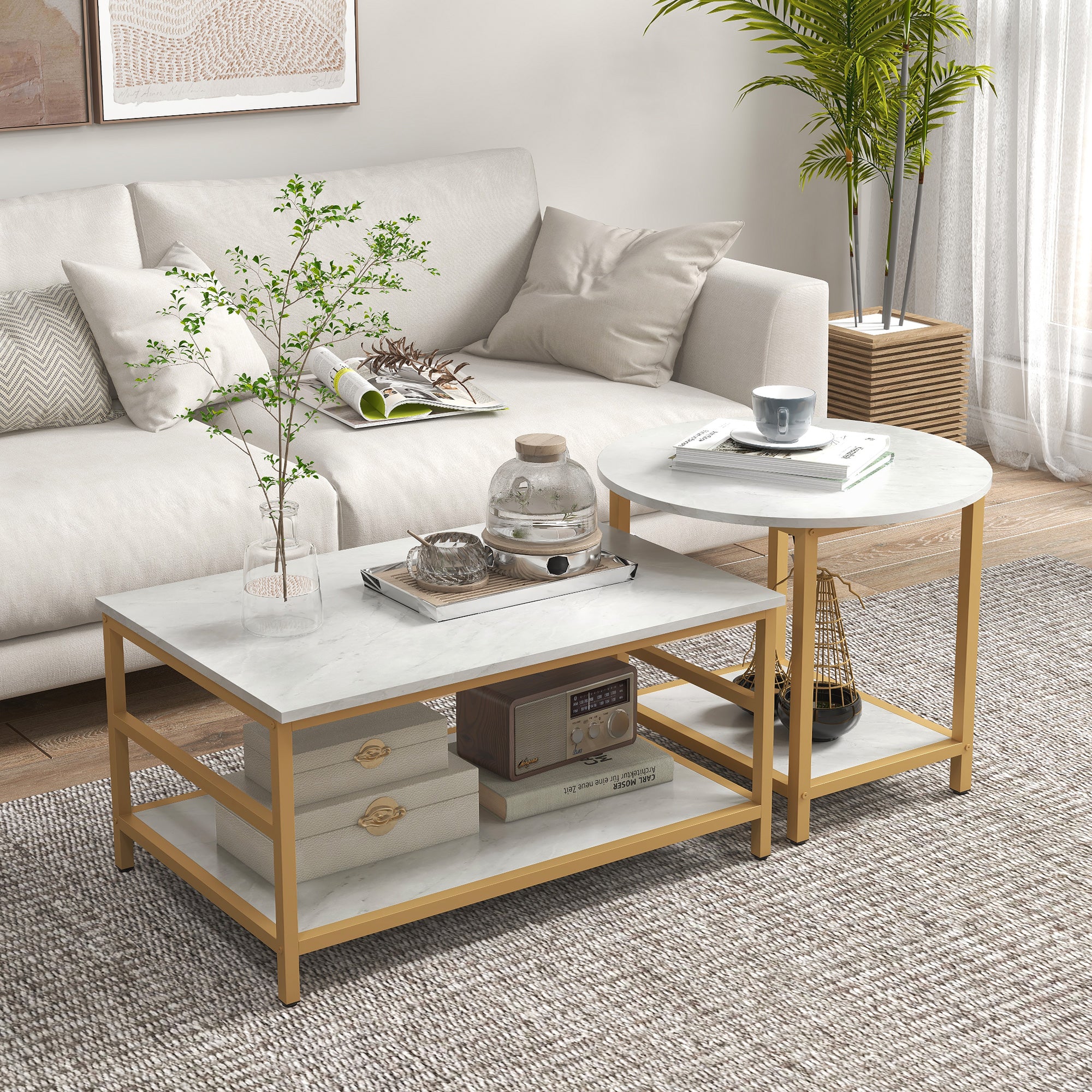 Coffee Tables Set of 2, Rectangle and Round Coffee Table with Storage Shelves, Faux Marble Top, Living Room Table Set